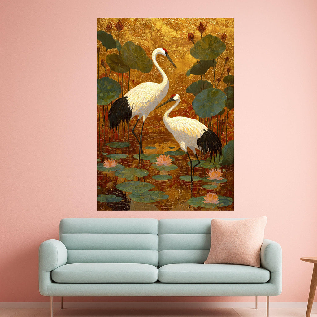 Elegant Crane Birds Canvas Wall Art, Gold Leaf Background, Lotus Pond Scene, Asian Inspired Nature Wall Decor, Tranquil Wildlife Painting