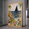 Vibrant Floral Seaside, Sailboat Canvas Wall Art, Tropical Flowers Painting, Ocean Landscape Canvas, Beach Home Decor, Ready to Hang