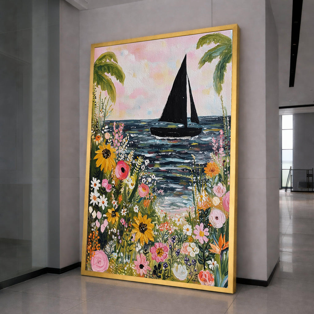 Vibrant Floral Seaside, Sailboat Canvas Wall Art, Tropical Flowers Painting, Ocean Landscape Canvas, Beach Home Decor, Ready to Hang