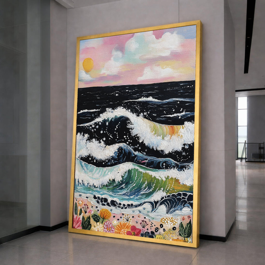 Vibrant Ocean Waves Canvas Wall Art, Colorful Seascape with Waves and Flowers, Sunset Beach Scene, Coastal Nature Canvas, Home Decor