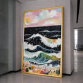 Vibrant Ocean Waves Canvas Wall Art, Colorful Seascape with Waves and Flowers, Sunset Beach Scene, Coastal Nature Canvas, Home Decor