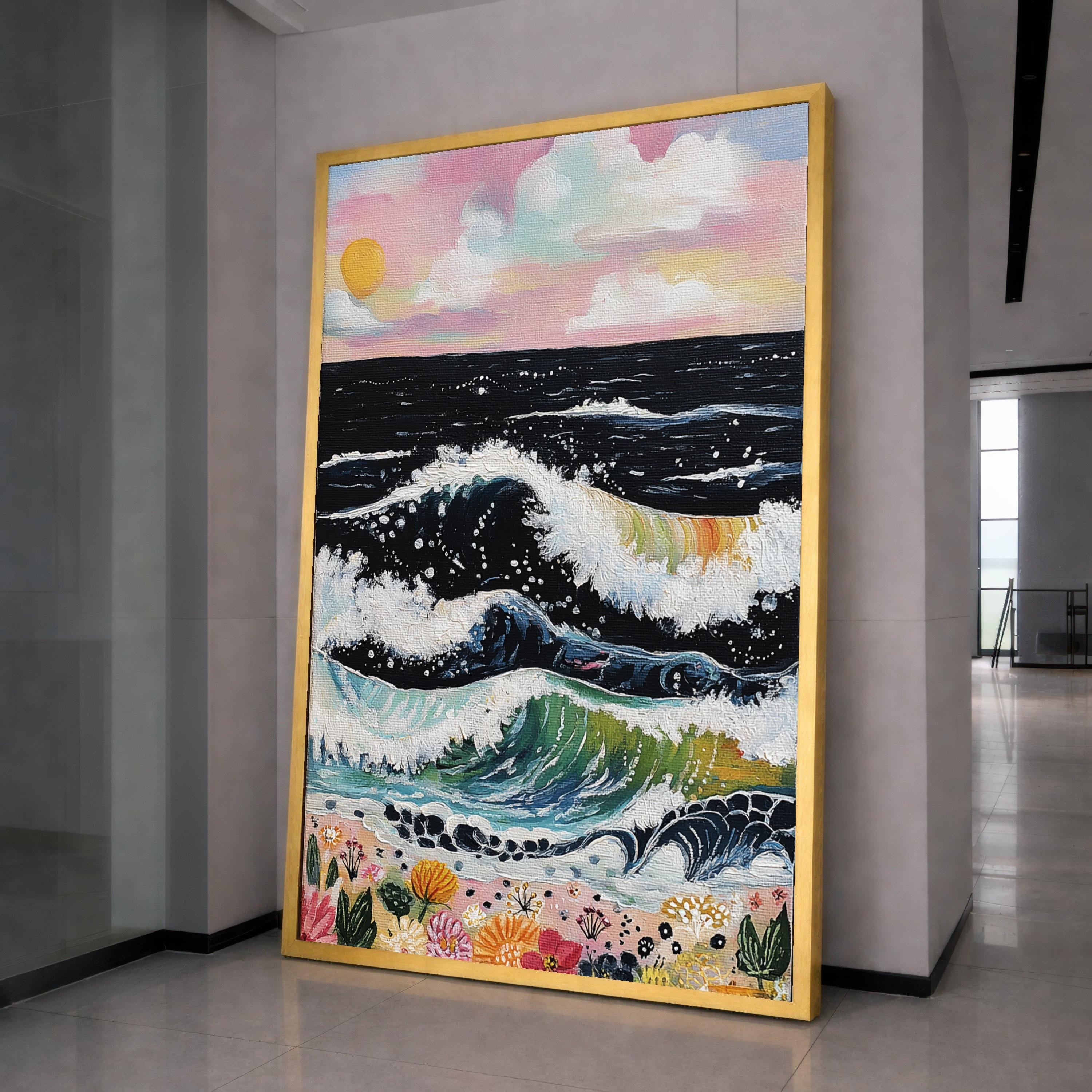 Vibrant Ocean Waves Canvas Wall Art, Colorful Seascape with Waves and Flowers, Sunset Beach Scene, Coastal Nature Canvas, Home Decor