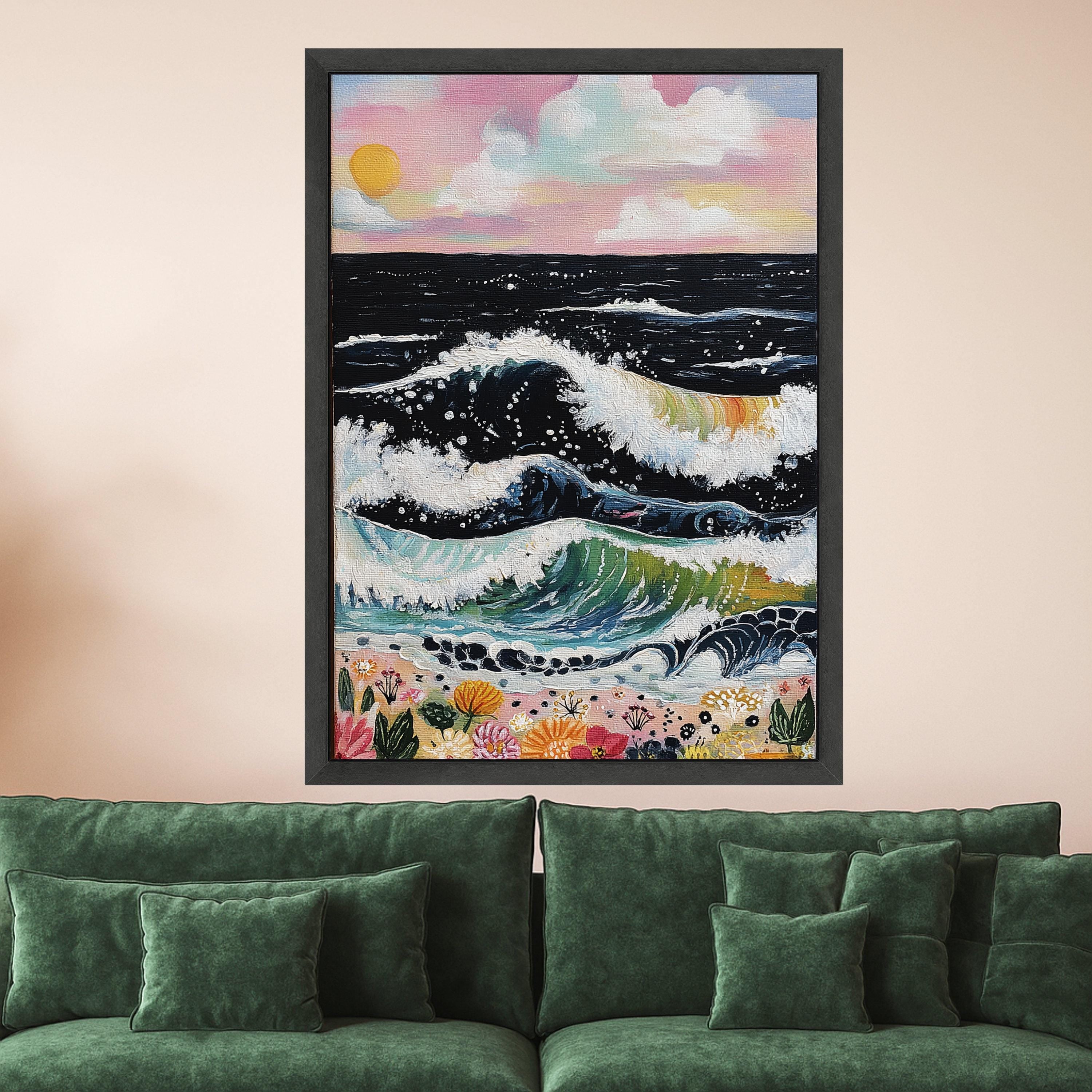 Vibrant Ocean Waves Canvas Wall Art, Colorful Seascape with Waves and Flowers, Sunset Beach Scene, Coastal Nature Canvas, Home Decor