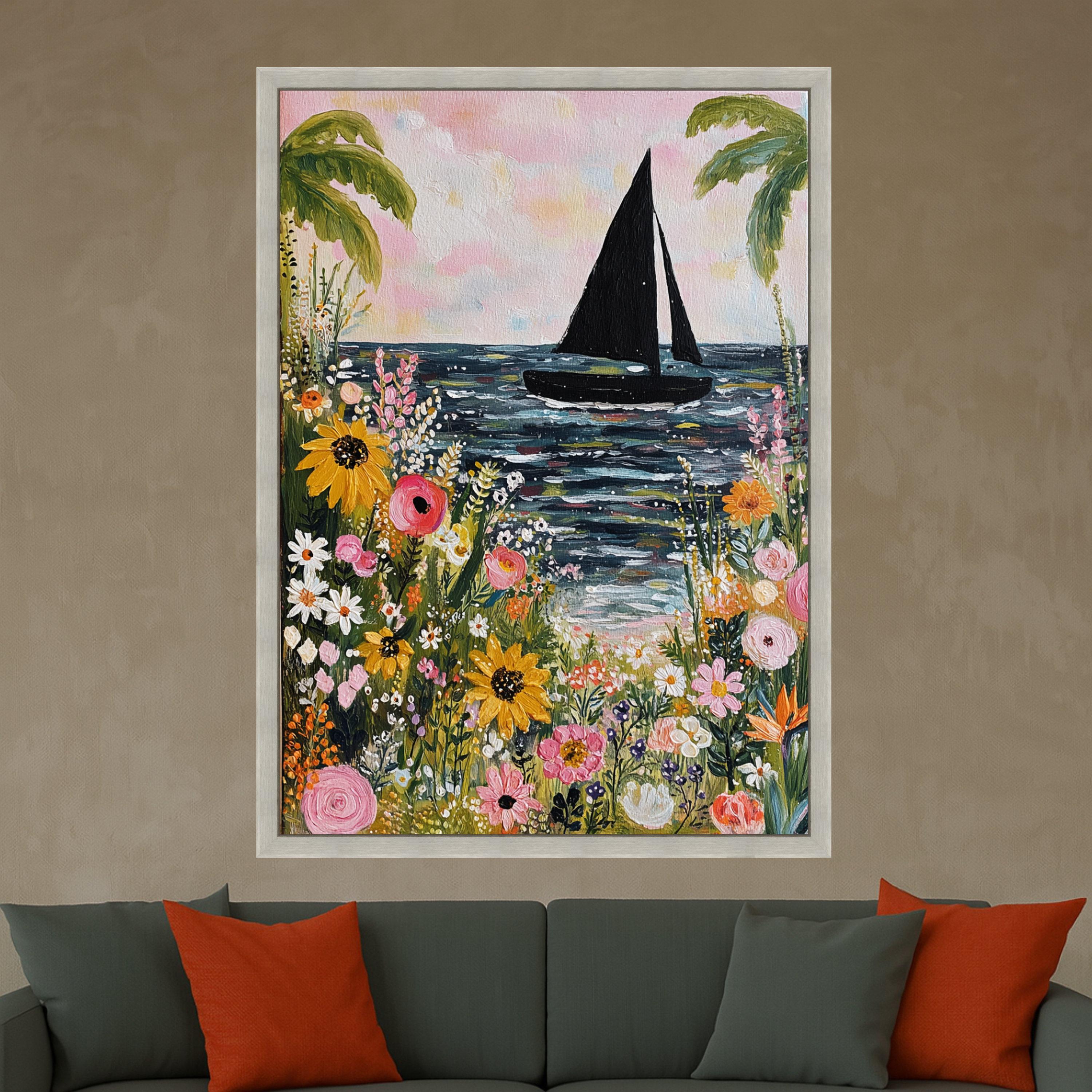 Vibrant Floral Seaside, Sailboat Canvas Wall Art, Tropical Flowers Painting, Ocean Landscape Canvas, Beach Home Decor, Ready to Hang