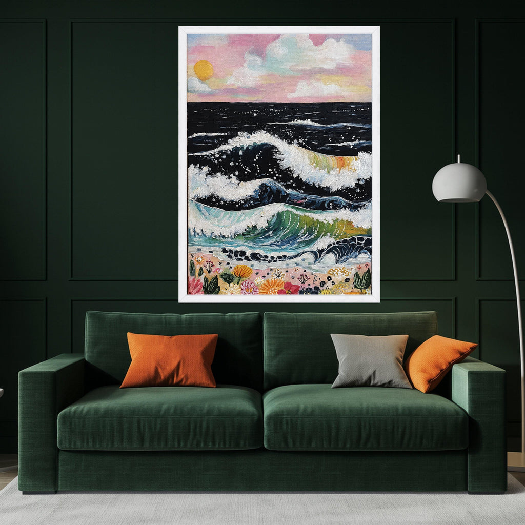 Vibrant Ocean Waves Canvas Wall Art, Colorful Seascape with Waves and Flowers, Sunset Beach Scene, Coastal Nature Canvas, Home Decor