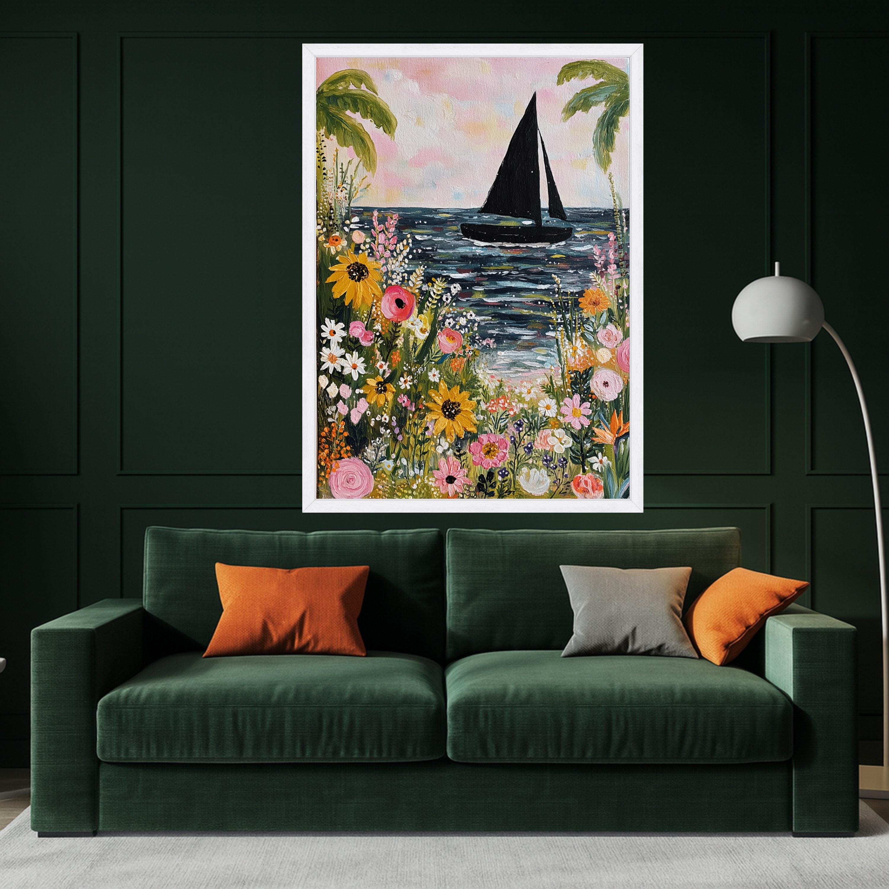 Vibrant Floral Seaside, Sailboat Canvas Wall Art, Tropical Flowers Painting, Ocean Landscape Canvas, Beach Home Decor, Ready to Hang