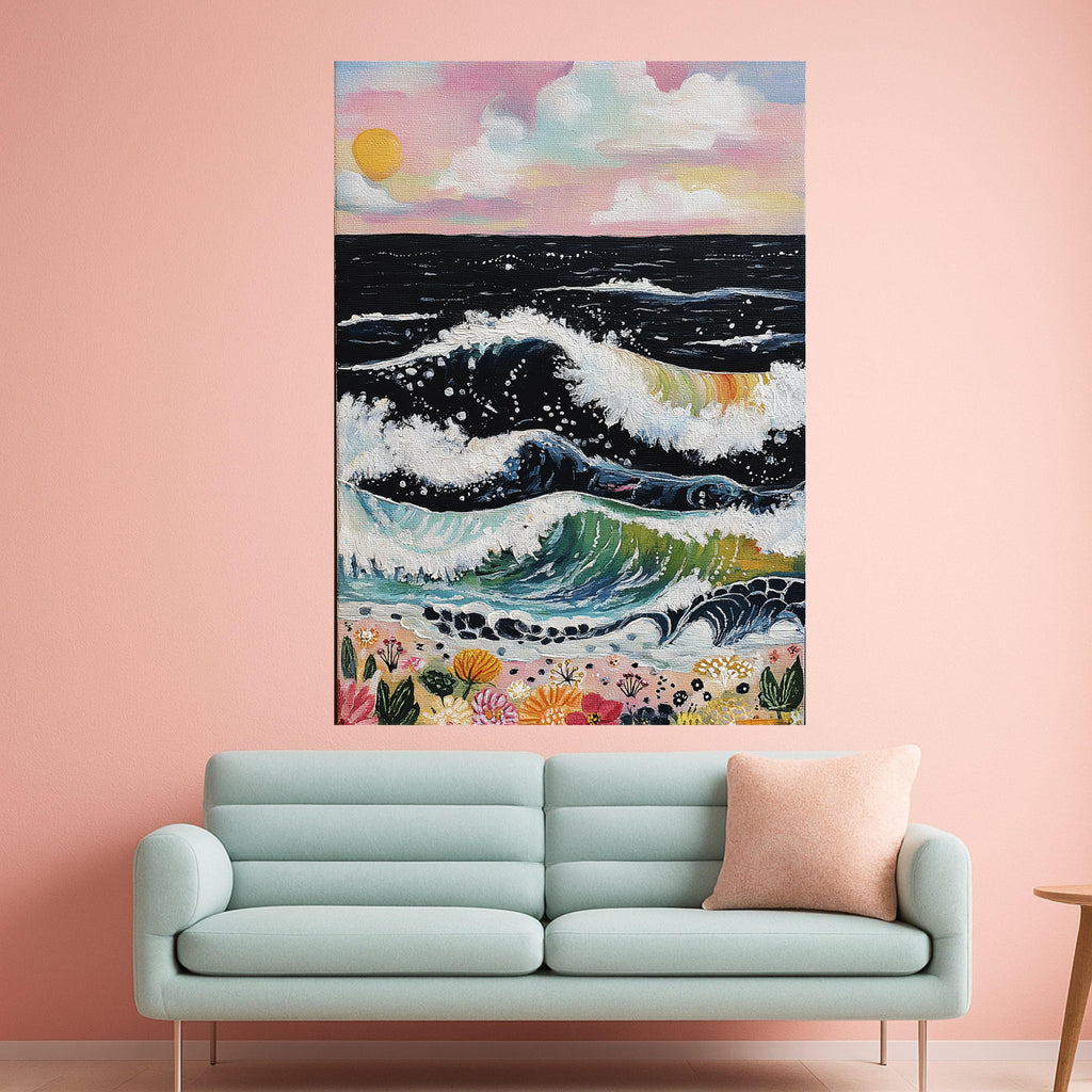 Vibrant Ocean Waves Canvas Wall Art, Colorful Seascape with Waves and Flowers, Sunset Beach Scene, Coastal Nature Canvas, Home Decor
