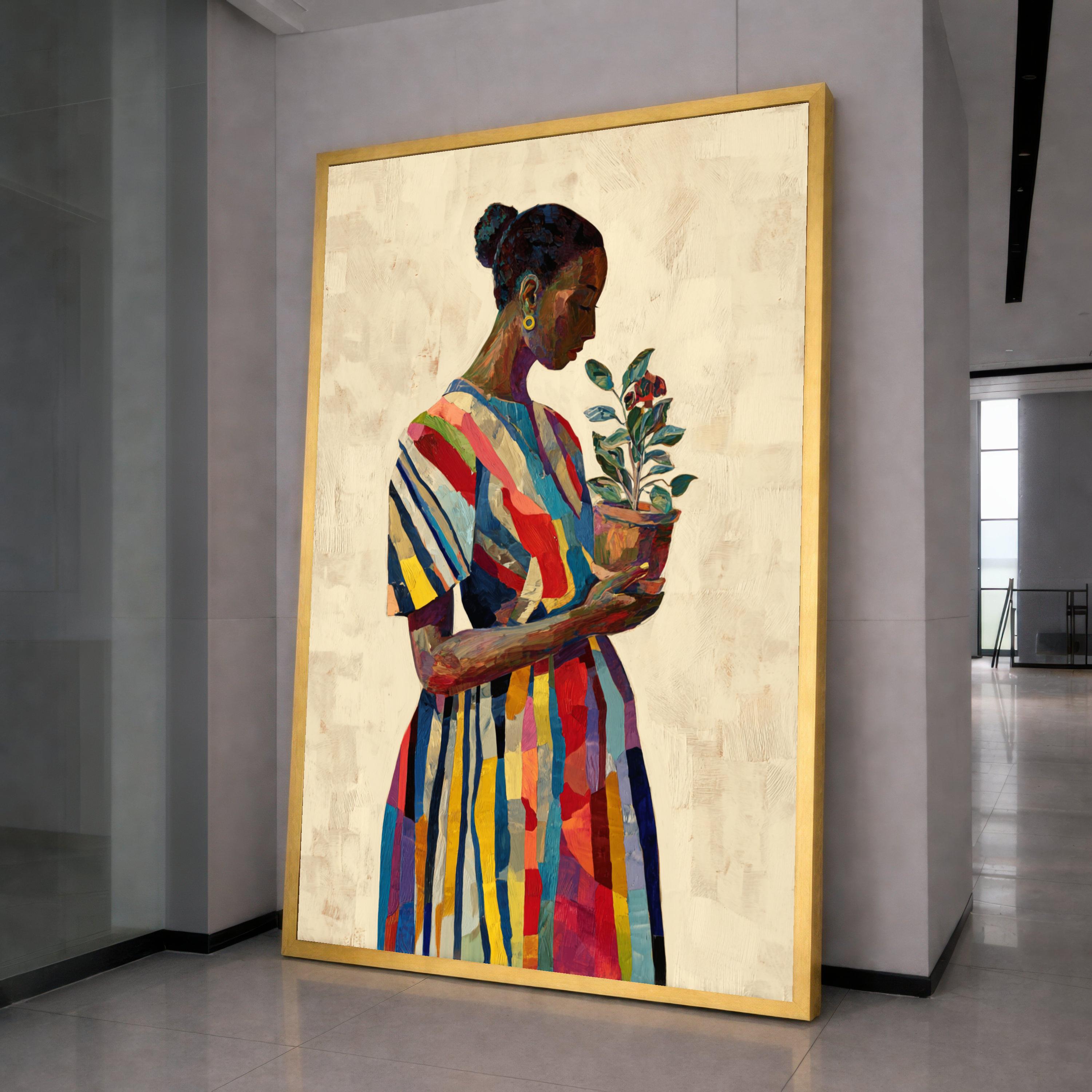 Colorful Striped Dress Woman Holding Potted Plant, Modern Figurative Canvas Wall Art, Vibrant Home Decor Painting, Ready to Hang Canvas
