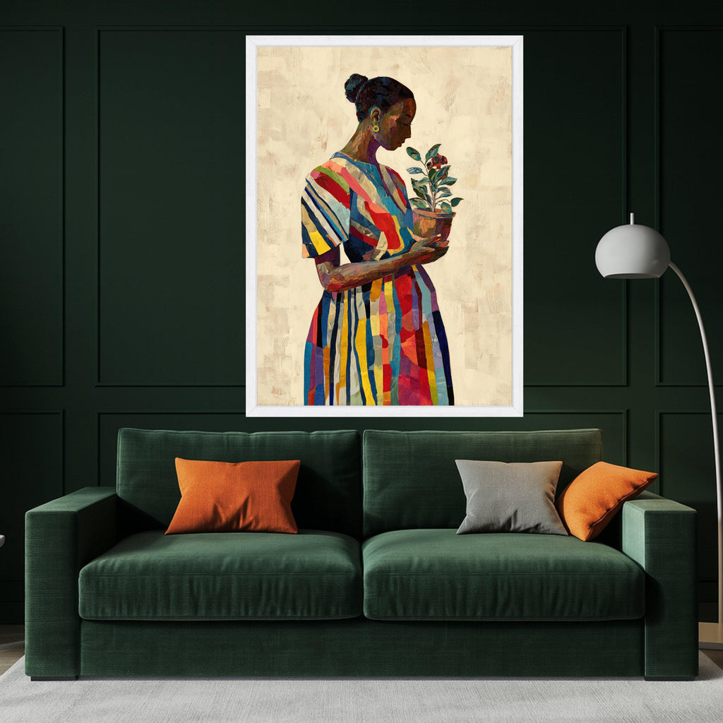 Colorful Striped Dress Woman Holding Potted Plant, Modern Figurative Canvas Wall Art, Vibrant Home Decor Painting, Ready to Hang Canvas