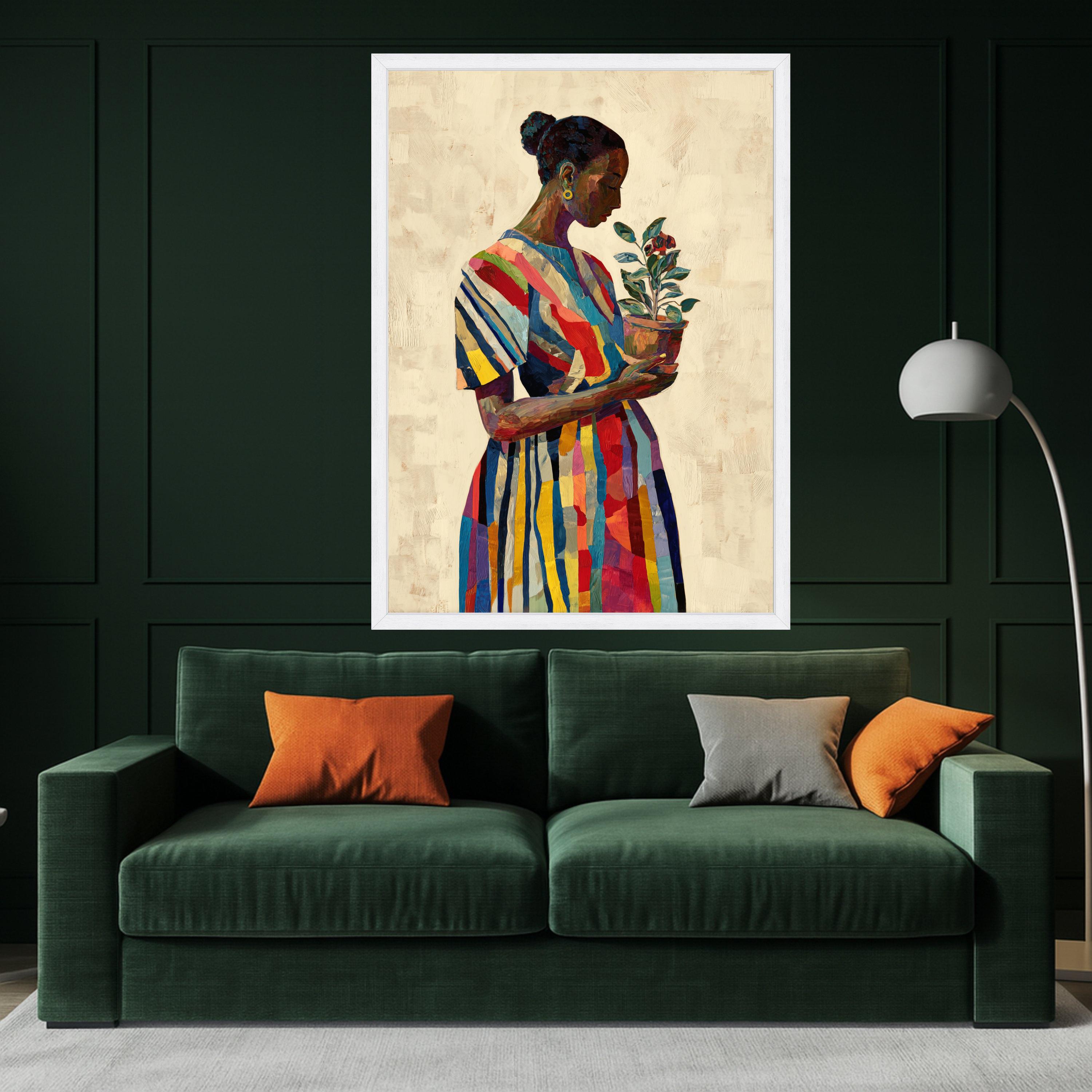 Colorful Striped Dress Woman Holding Potted Plant, Modern Figurative Canvas Wall Art, Vibrant Home Decor Painting, Ready to Hang Canvas