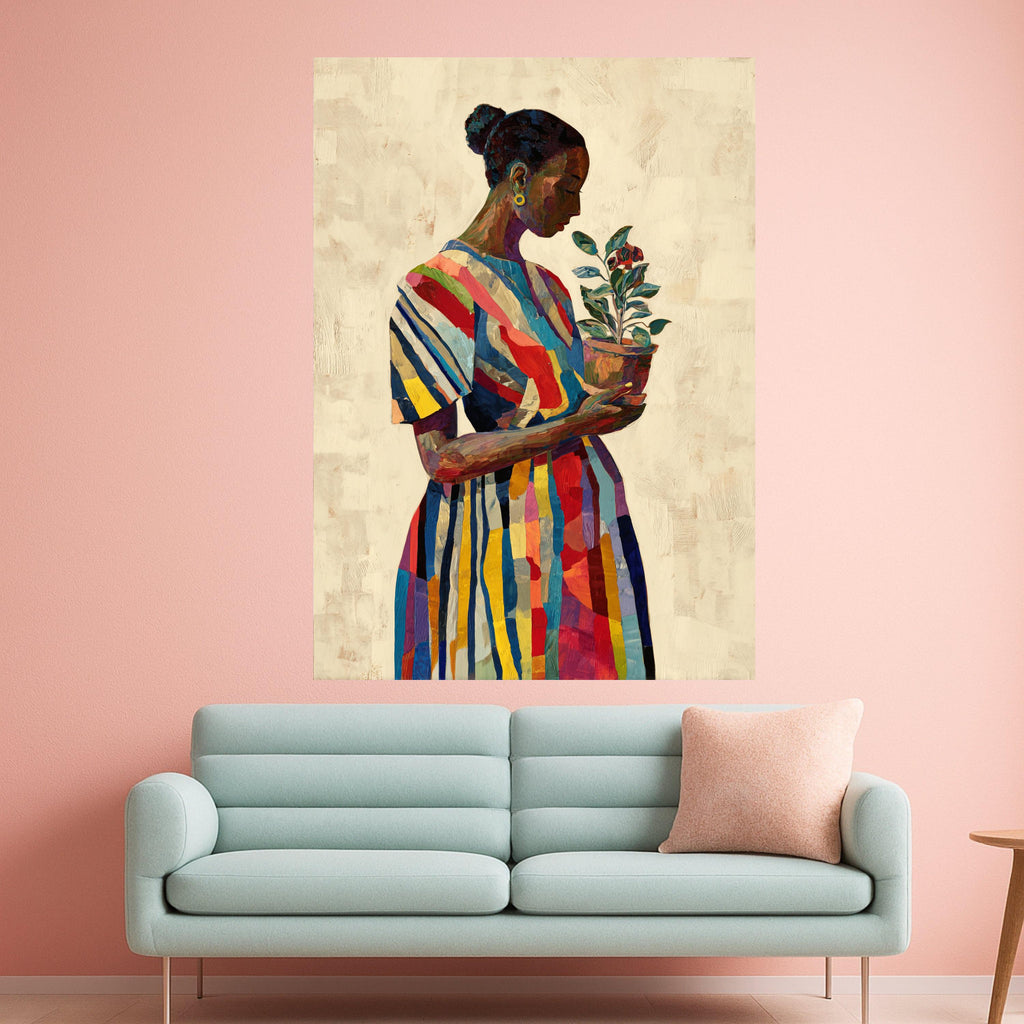 Colorful Striped Dress Woman Holding Potted Plant, Modern Figurative Canvas Wall Art, Vibrant Home Decor Painting, Ready to Hang Canvas