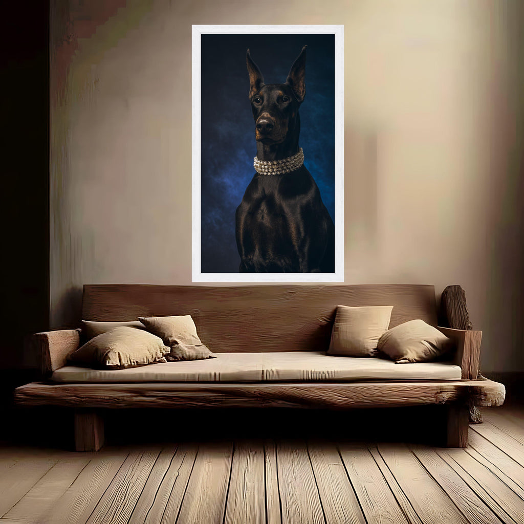 Elegant Doberman Portrait Canvas, Luxe Dog Wall Art, Black Dog with Pearl Necklace, Modern Pet Decor, Statement Animal Canvas