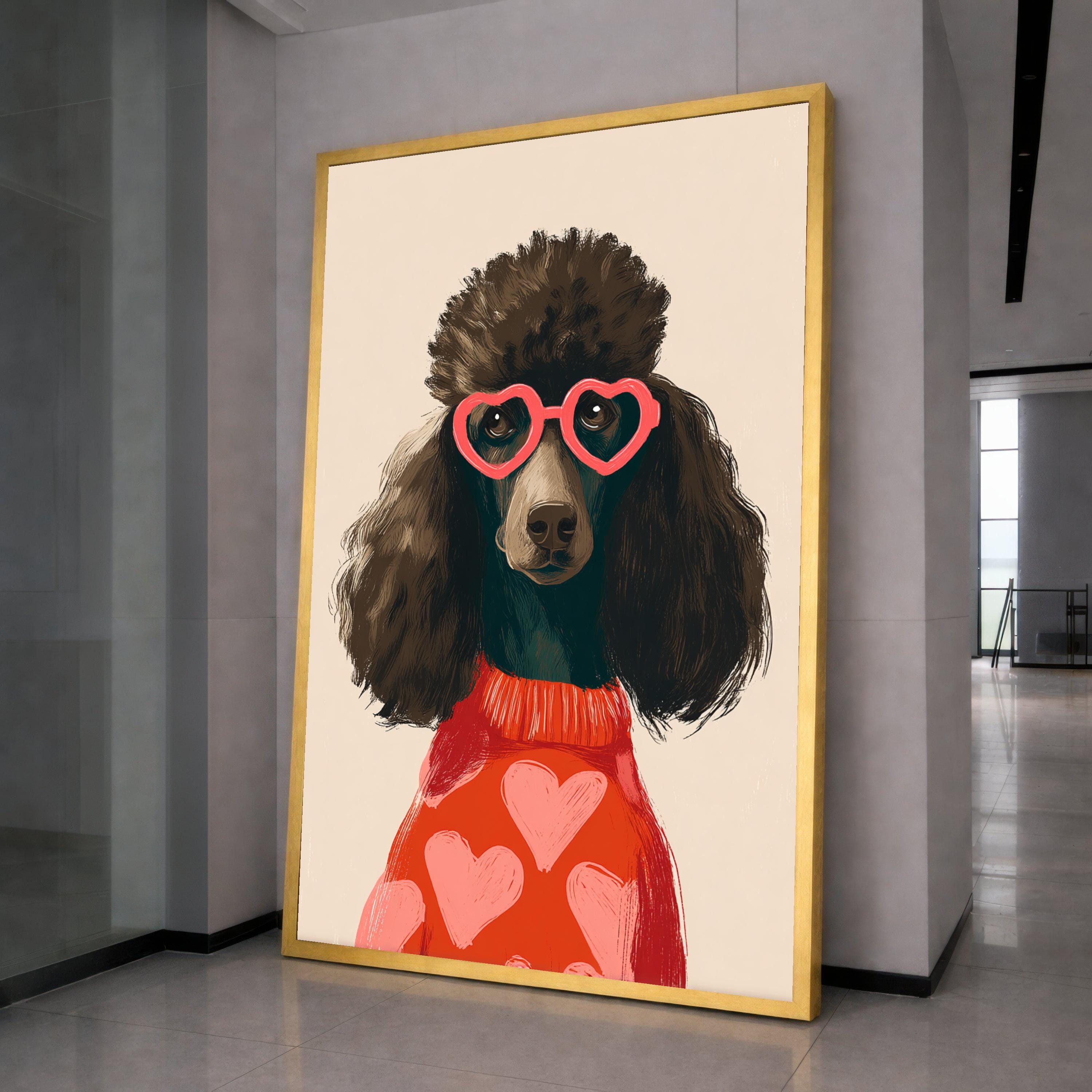Stylish Poodle Portrait Canvas, Heart Sunglasses Wall Art, Cute Dog Illustration, Modern Animal Canvas, Fun Home Decor, Ready to Hang