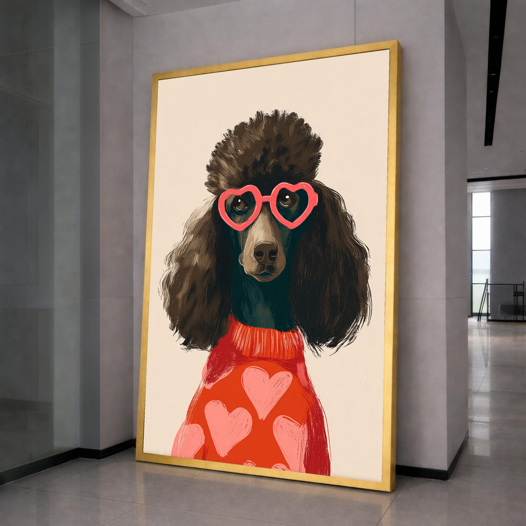 Stylish Poodle Portrait Canvas, Heart Sunglasses Wall Art, Cute Dog Illustration, Modern Animal Canvas, Fun Home Decor, Ready to Hang