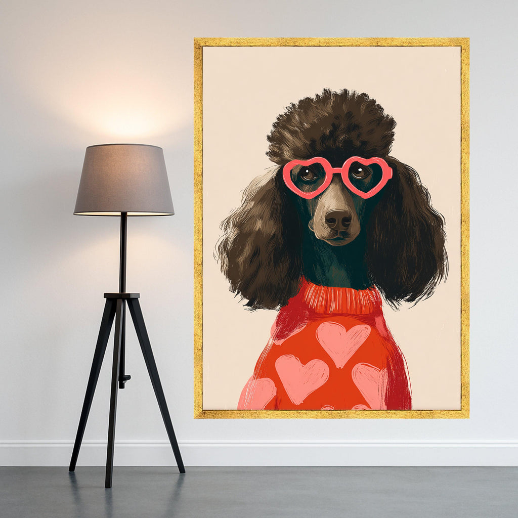 Stylish Poodle Portrait Canvas, Heart Sunglasses Wall Art, Cute Dog Illustration, Modern Animal Canvas, Fun Home Decor, Ready to Hang