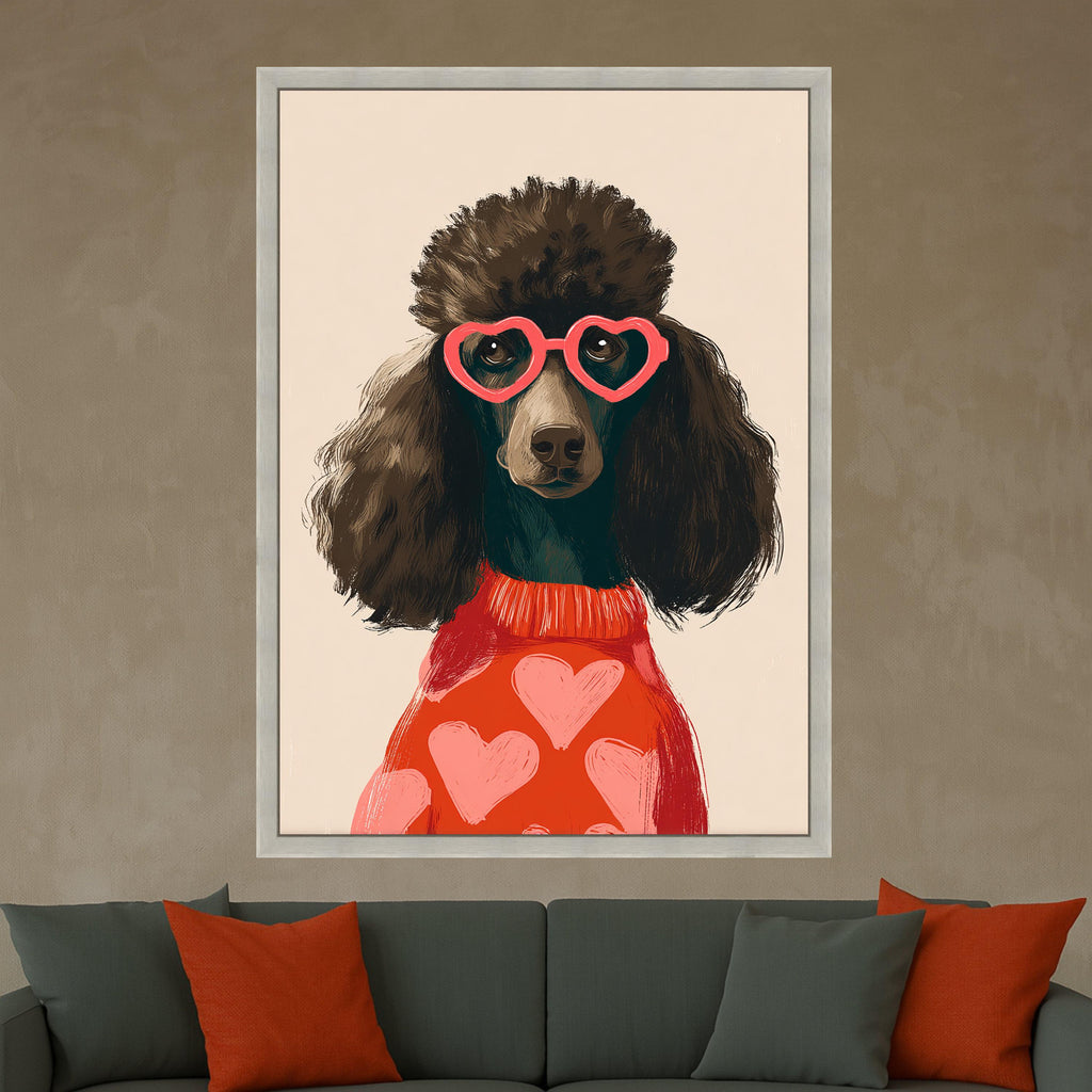 Stylish Poodle Portrait Canvas, Heart Sunglasses Wall Art, Cute Dog Illustration, Modern Animal Canvas, Fun Home Decor, Ready to Hang