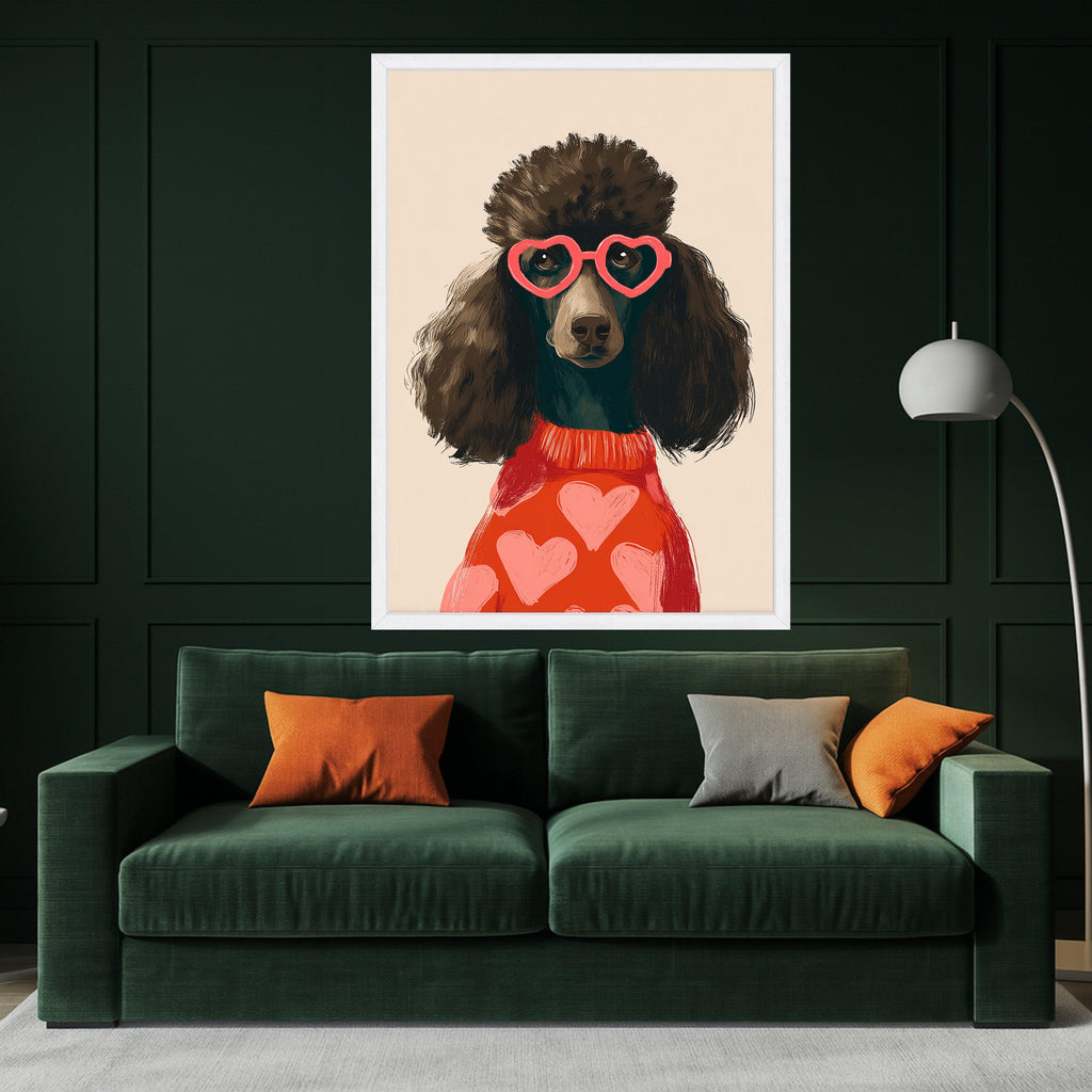 Stylish Poodle Portrait Canvas, Heart Sunglasses Wall Art, Cute Dog Illustration, Modern Animal Canvas, Fun Home Decor, Ready to Hang