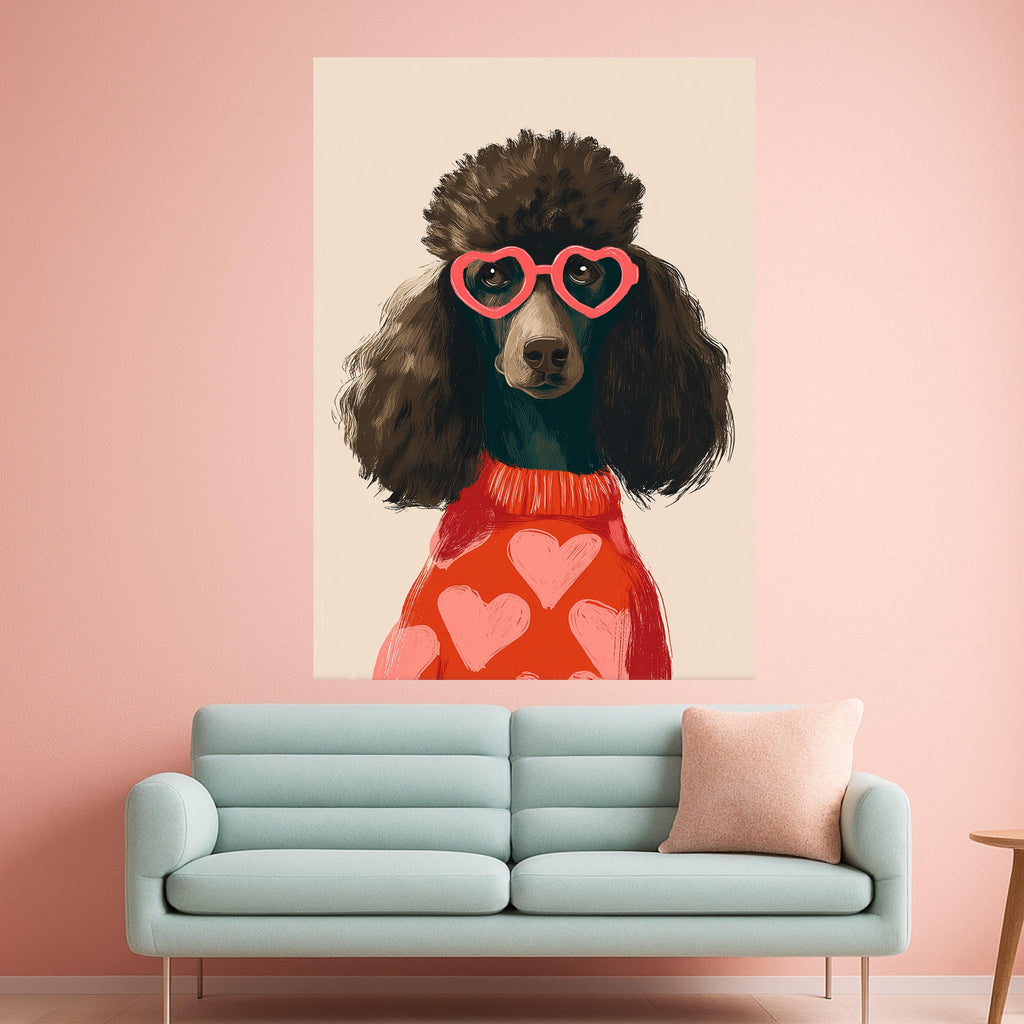 Stylish Poodle Portrait Canvas, Heart Sunglasses Wall Art, Cute Dog Illustration, Modern Animal Canvas, Fun Home Decor, Ready to Hang