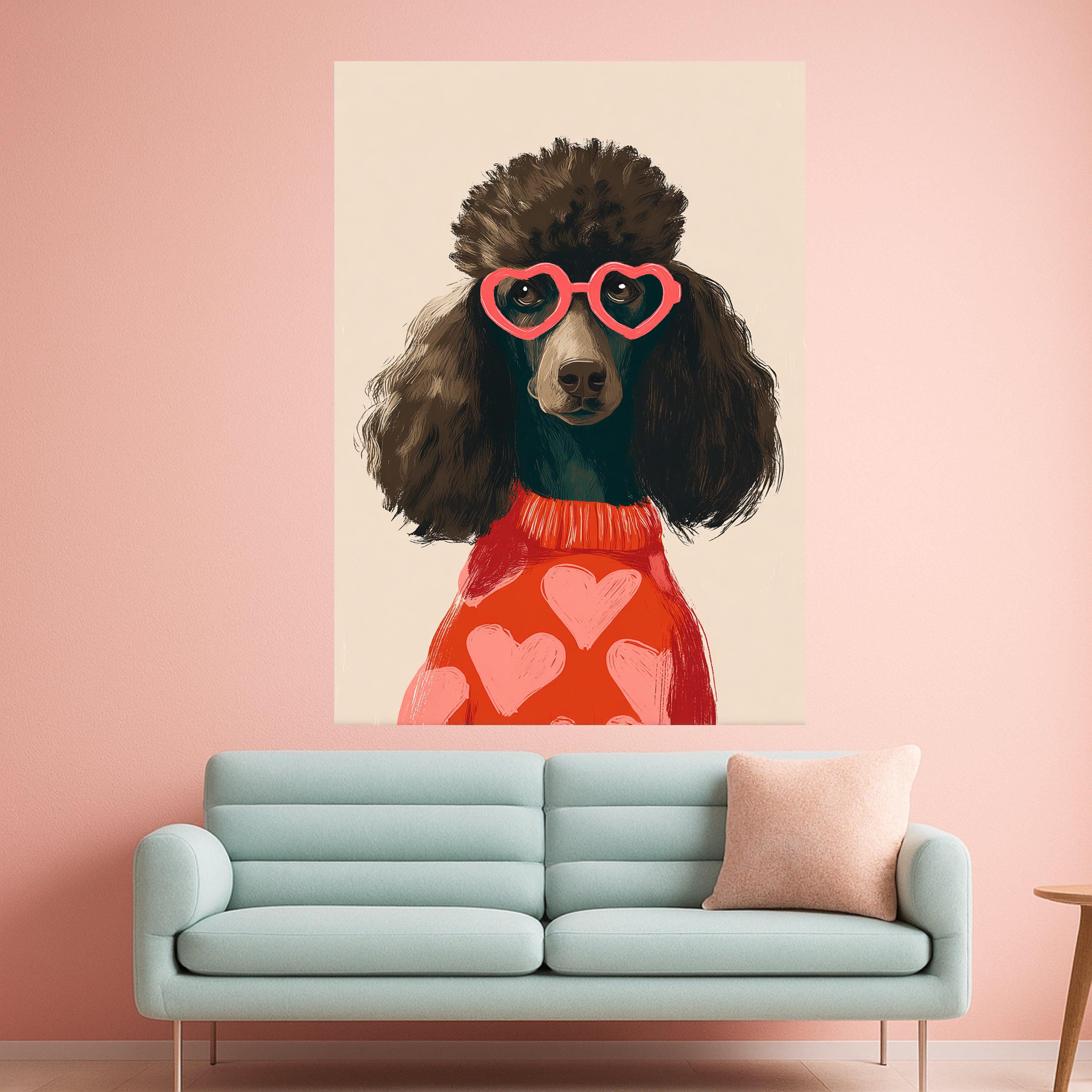 Stylish Poodle Portrait Canvas, Heart Sunglasses Wall Art, Cute Dog Illustration, Modern Animal Canvas, Fun Home Decor, Ready to Hang
