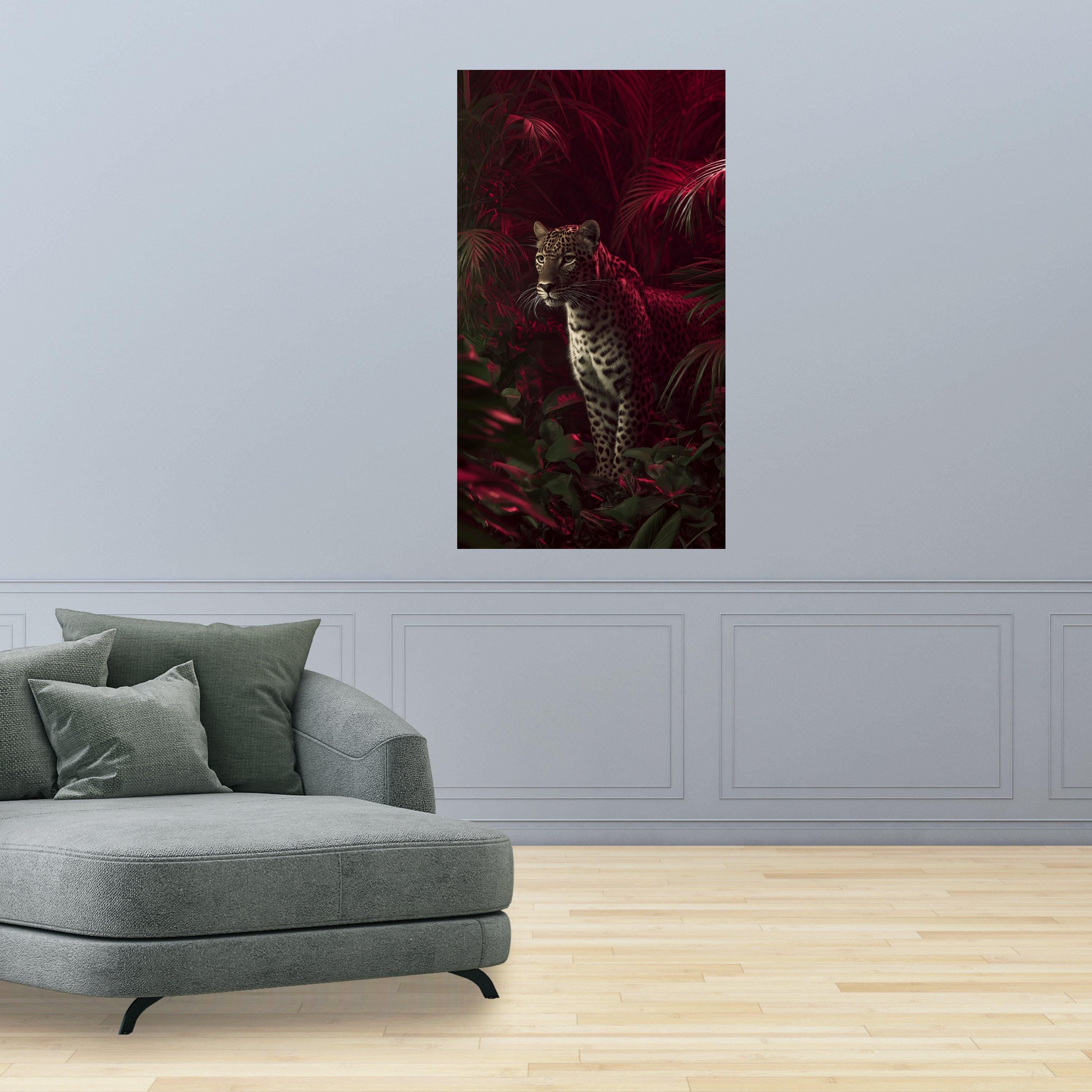 Majestic Leopard in Red Jungle Canvas, Exotic Wildlife Wall Art, Tropical Forest Canvas Decoration, Nature Animal Portrait Art