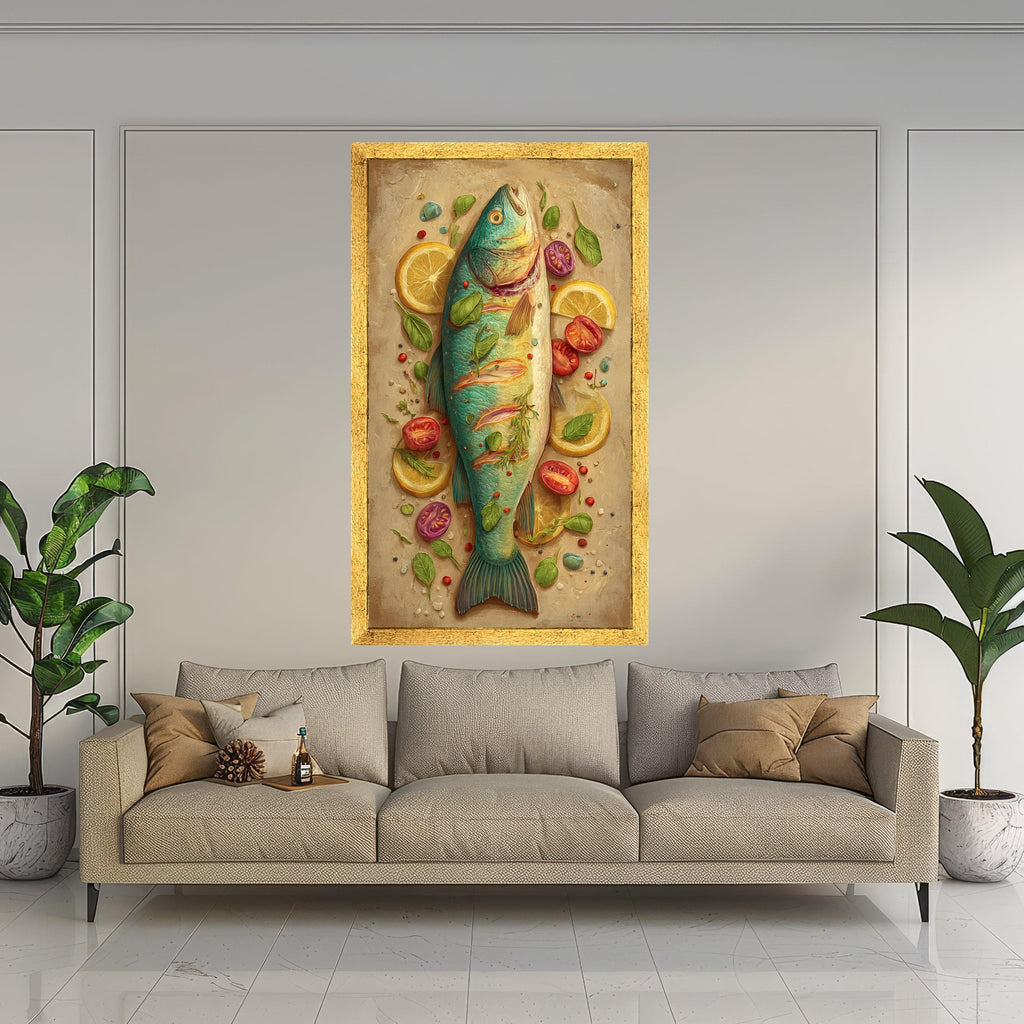 Fresh Fish and Herbs Canvas Wall Art, Culinary Kitchen Decor, Lemon and Tomato Still Life Painting, Gourmet Food Canvas, Rustic Home