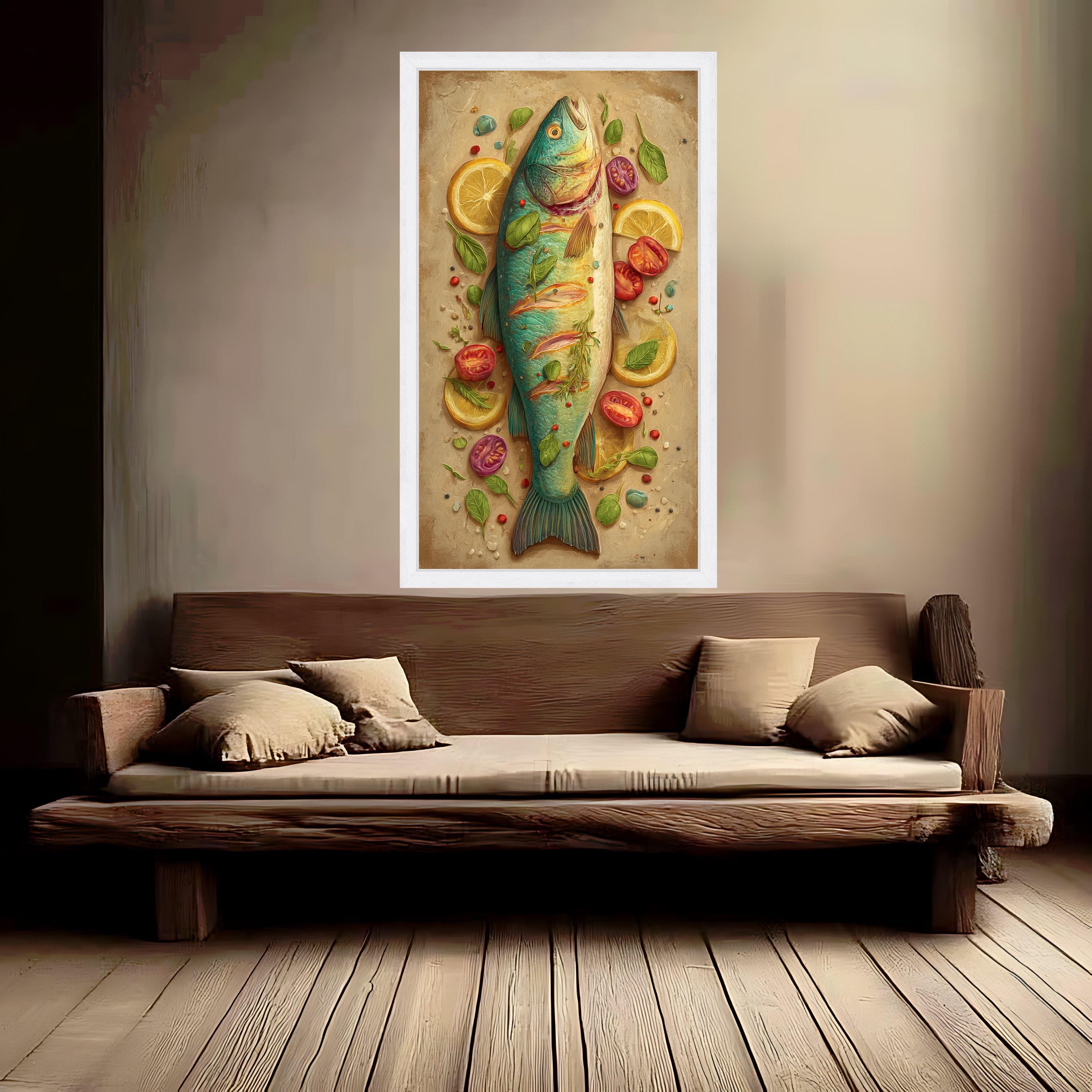 Fresh Fish and Herbs Canvas Wall Art, Culinary Kitchen Decor, Lemon and Tomato Still Life Painting, Gourmet Food Canvas, Rustic Home