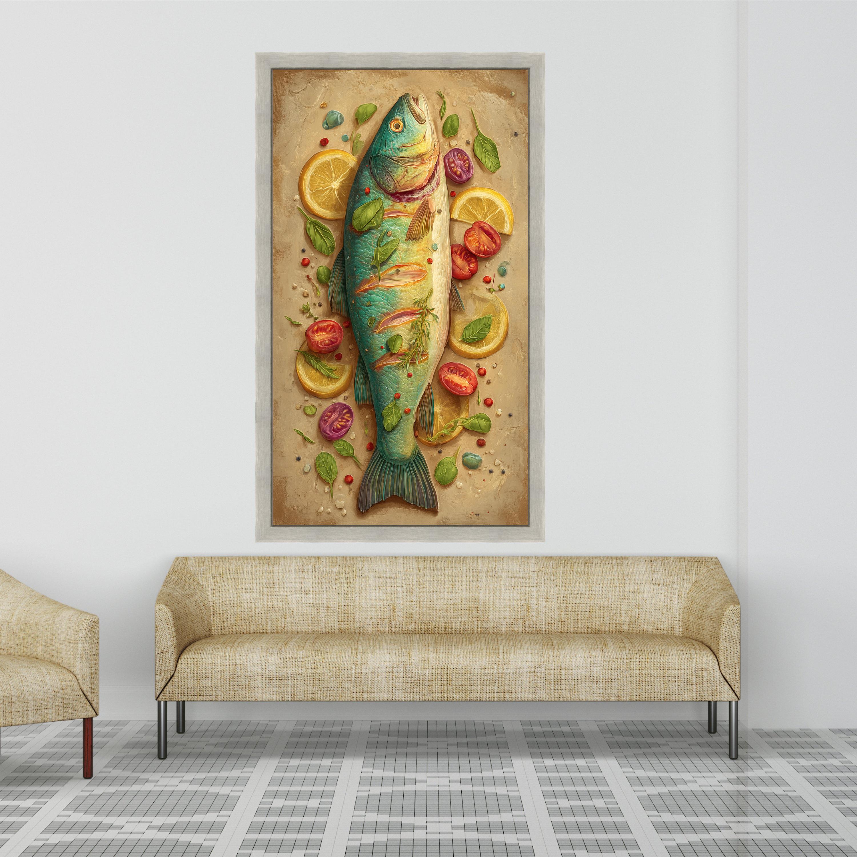 Fresh Fish and Herbs Canvas Wall Art, Culinary Kitchen Decor, Lemon and Tomato Still Life Painting, Gourmet Food Canvas, Rustic Home