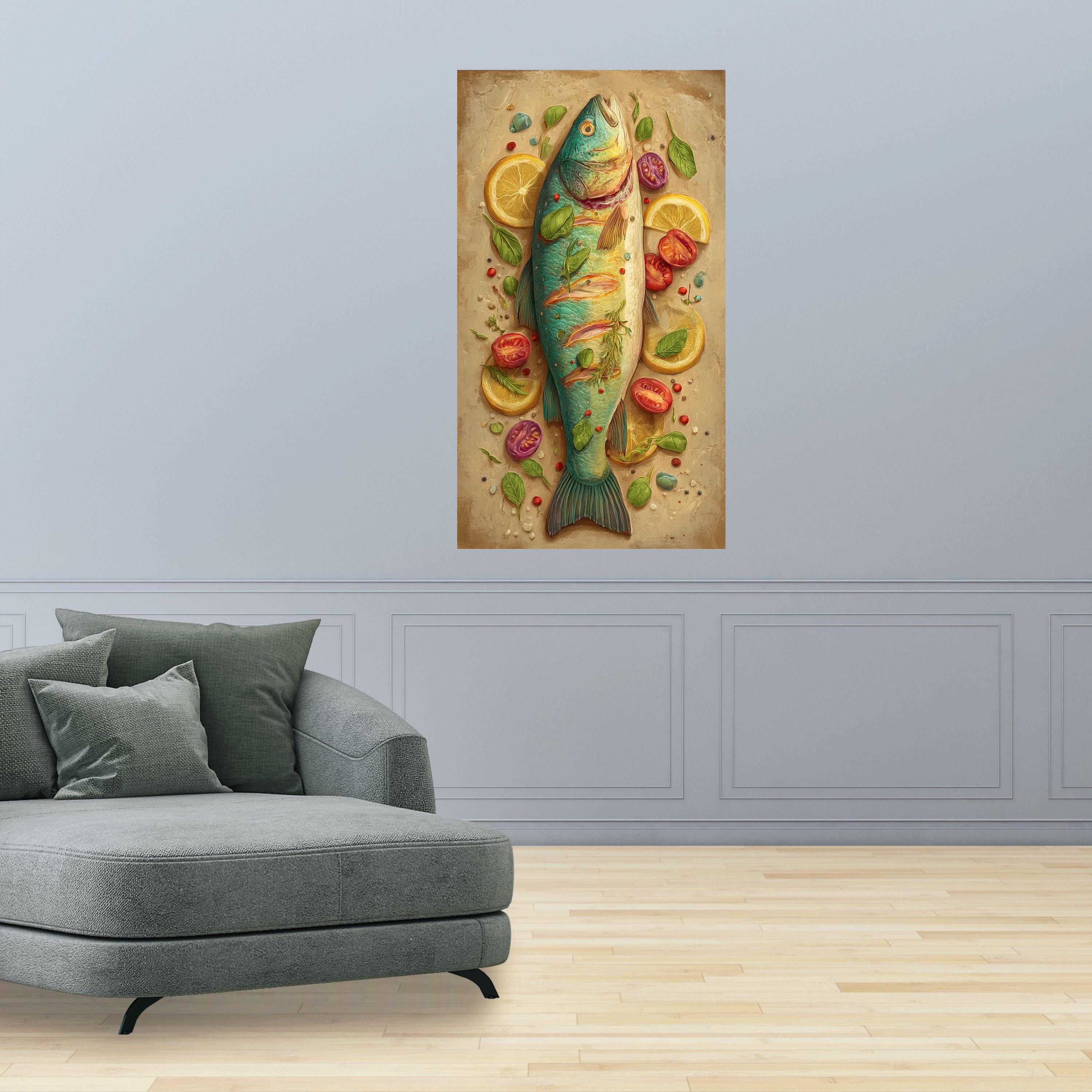 Fresh Fish and Herbs Canvas Wall Art, Culinary Kitchen Decor, Lemon and Tomato Still Life Painting, Gourmet Food Canvas, Rustic Home