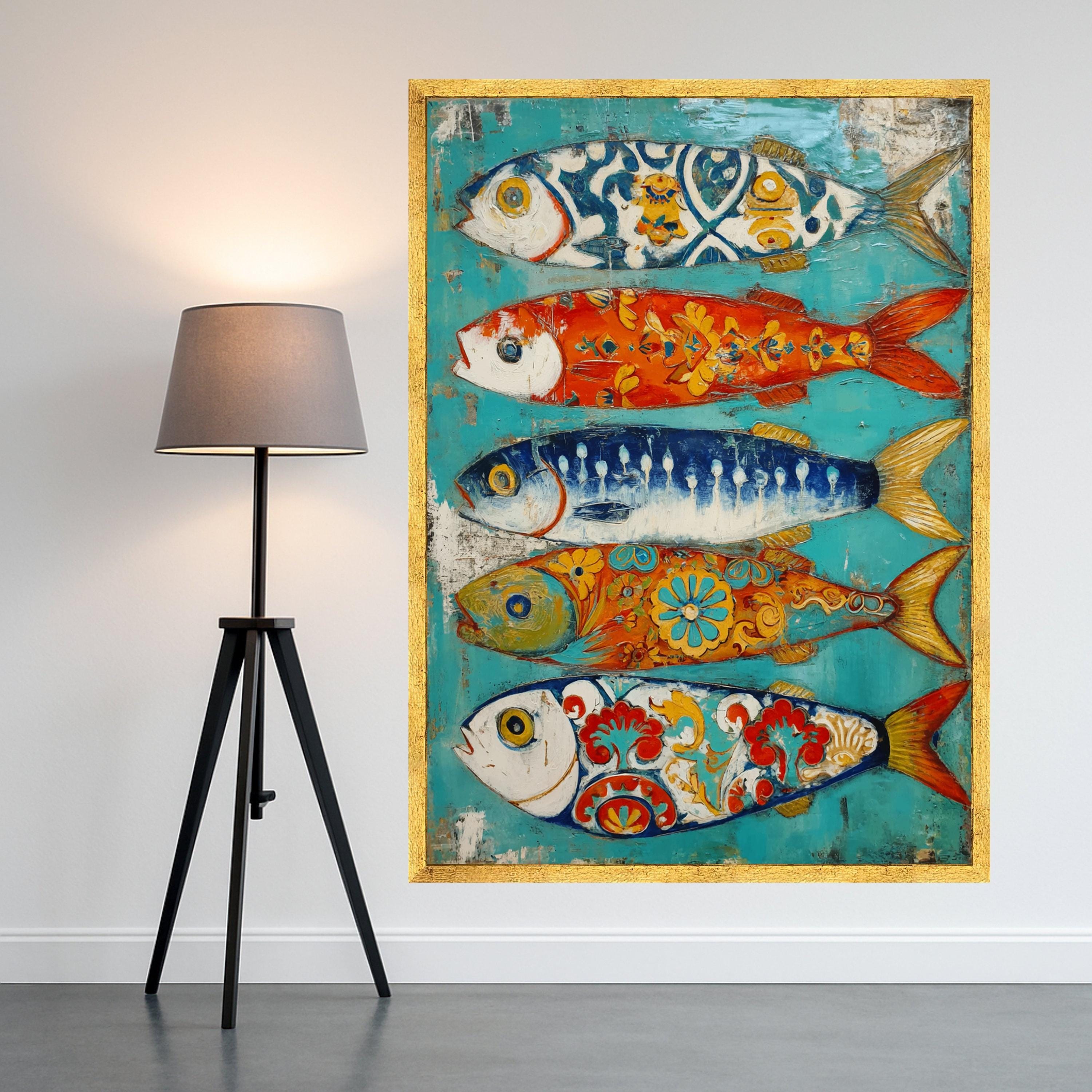 Colorful Patterned Fish Canvas, Nautical Wall Art, Coastal Home Decor, Vibrant Fish Painting, Ocean Inspired Canvas Art, Ready to Hang