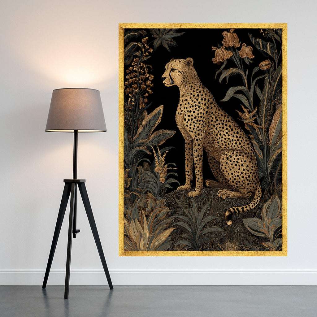Elegant Cheetah and Tropical Foliage Canvas, Gold and Black Wildlife Wall Art, Exotic Jungle Animal Illustration, Modern Nature Decoration