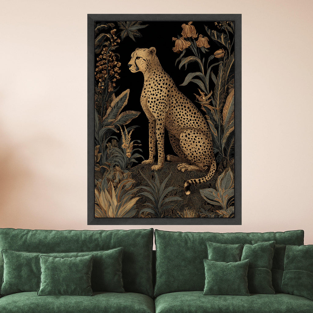 Elegant Cheetah and Tropical Foliage Canvas, Gold and Black Wildlife Wall Art, Exotic Jungle Animal Illustration, Modern Nature Decoration