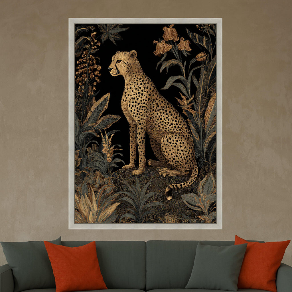 Elegant Cheetah and Tropical Foliage Canvas, Gold and Black Wildlife Wall Art, Exotic Jungle Animal Illustration, Modern Nature Decoration