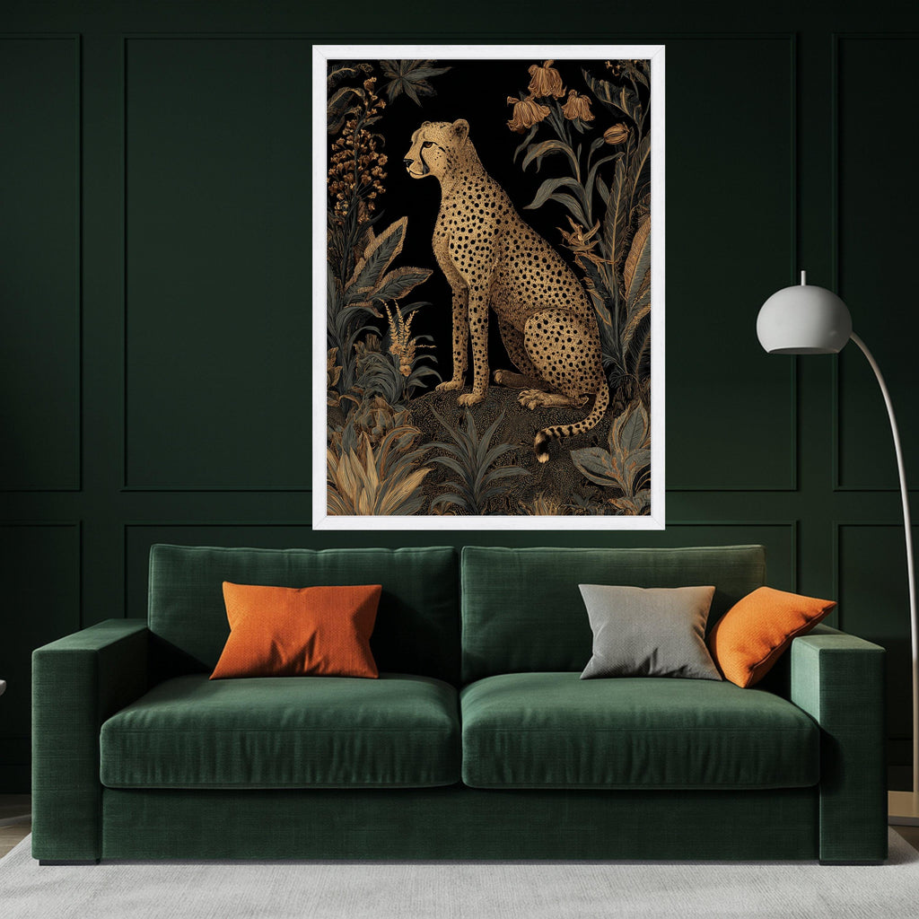 Elegant Cheetah and Tropical Foliage Canvas, Gold and Black Wildlife Wall Art, Exotic Jungle Animal Illustration, Modern Nature Decoration