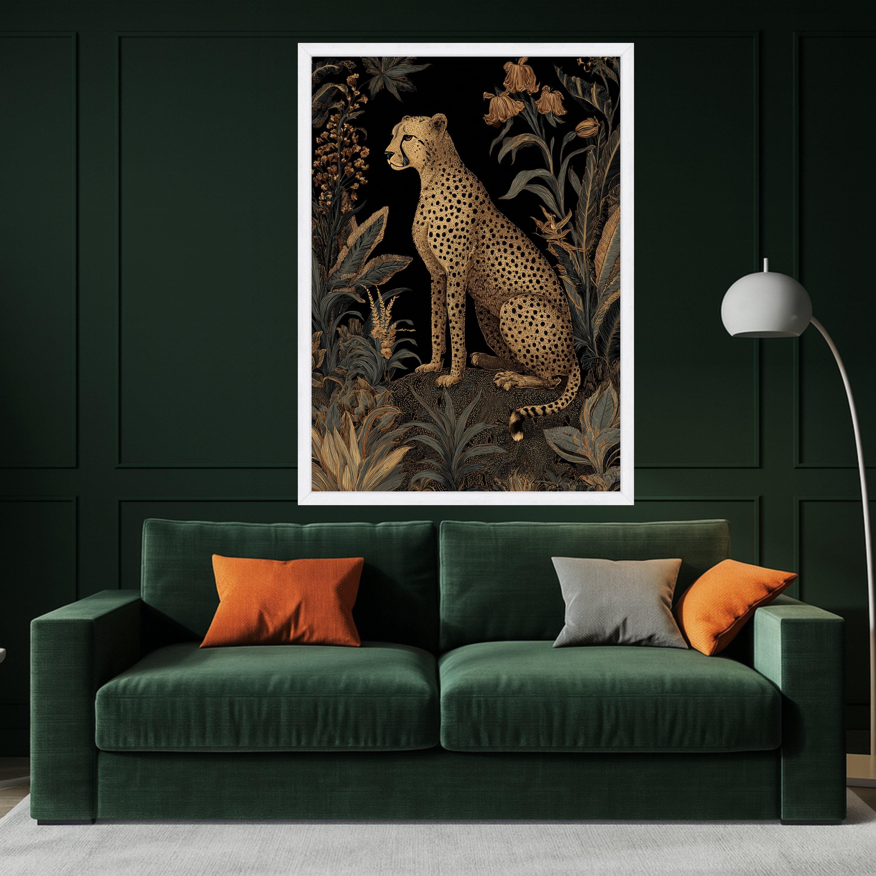 Elegant Cheetah and Tropical Foliage Canvas, Gold and Black Wildlife Wall Art, Exotic Jungle Animal Illustration, Modern Nature Decoration