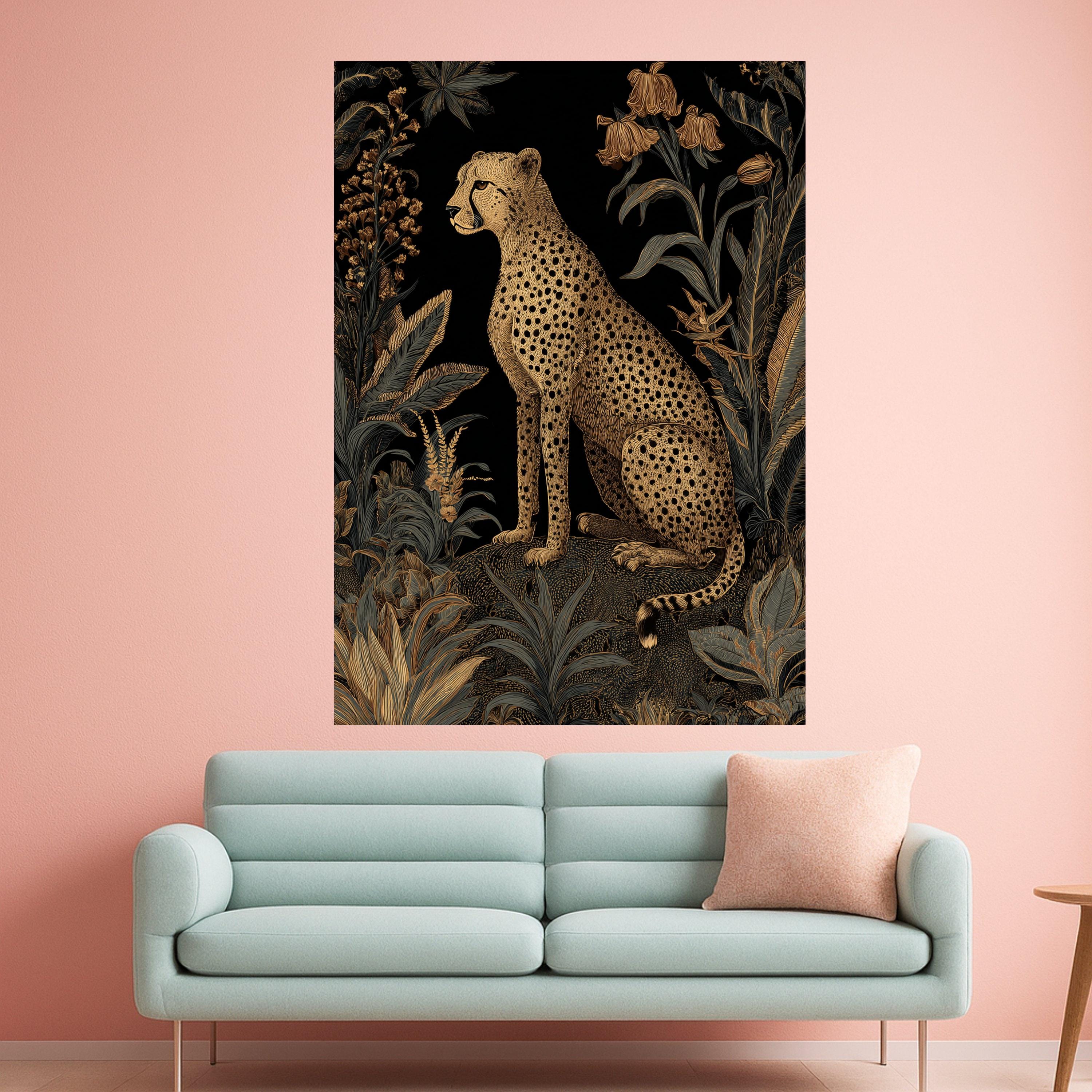 Elegant Cheetah and Tropical Foliage Canvas, Gold and Black Wildlife Wall Art, Exotic Jungle Animal Illustration, Modern Nature Decoration