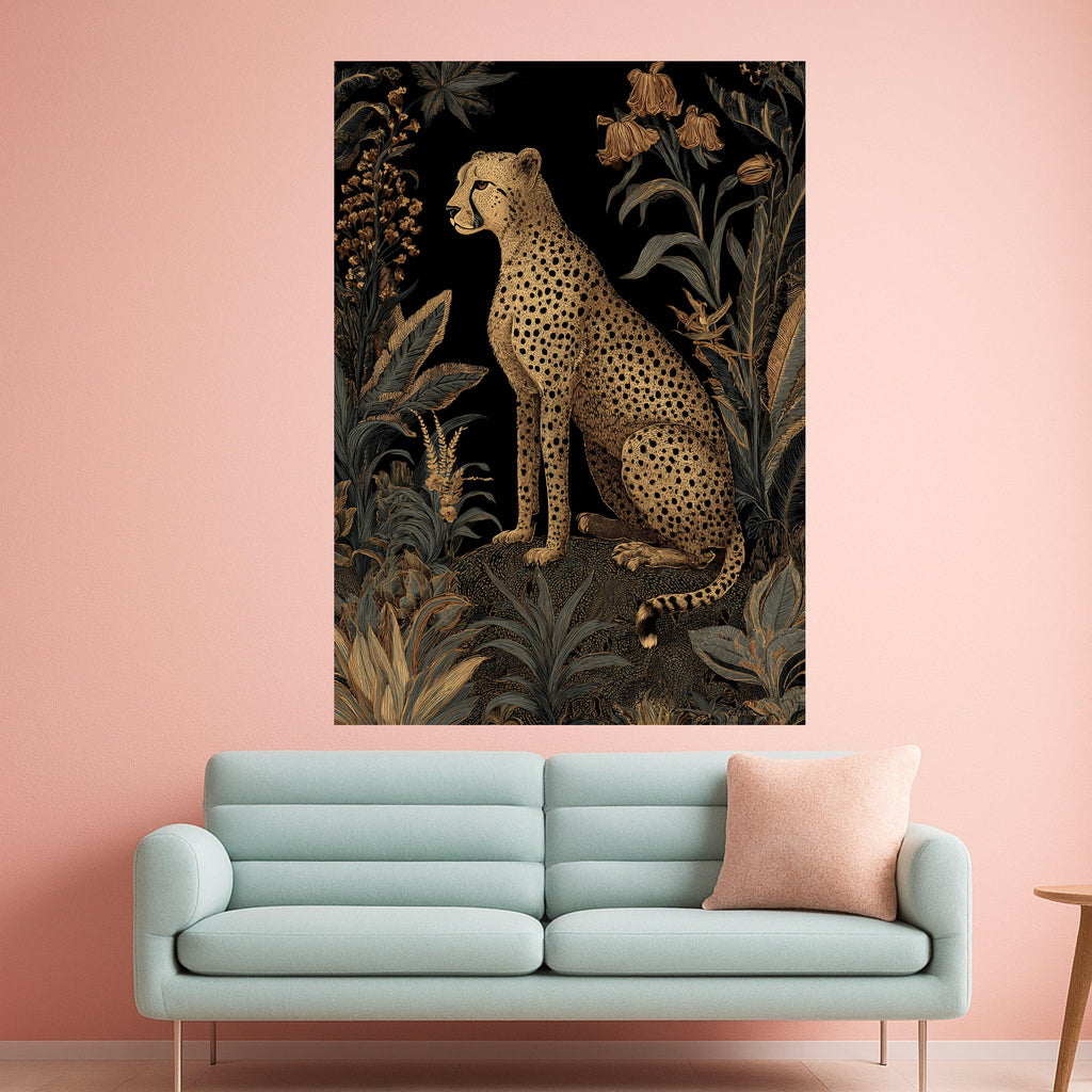Elegant Cheetah and Tropical Foliage Canvas, Gold and Black Wildlife Wall Art, Exotic Jungle Animal Illustration, Modern Nature Decoration