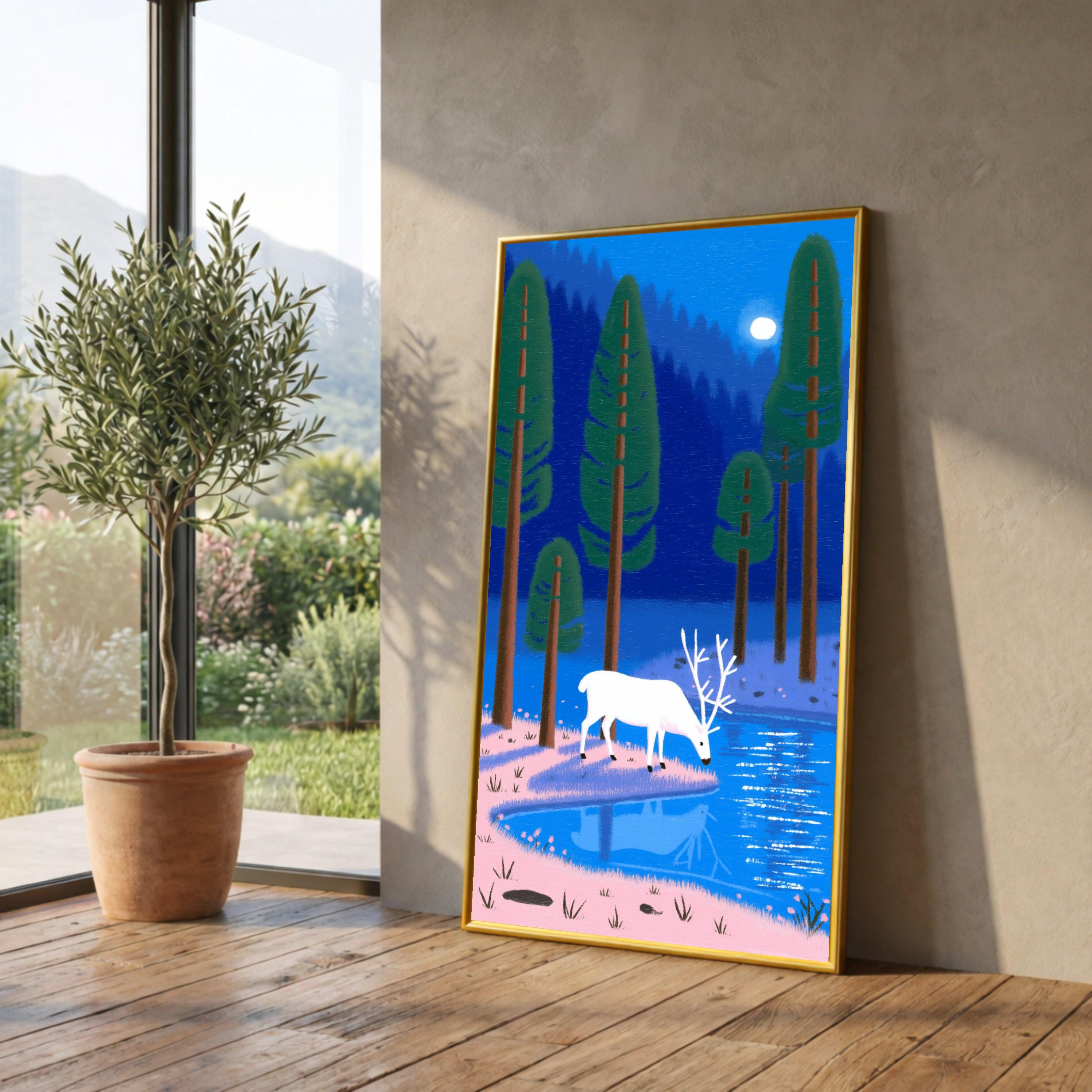 White Deer by Moonlit Forest Lake, Serene Nature Canvas Wall Art, Woodland Landscape Painting, Tranquil Animal Art Decor, Ready to Hang
