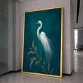 Elegant White Egret Bird Canvas, Minimalist Nature Wall Art, Feathered Wildlife Print, Blue Background Home Decoration, Tranquil Animal
