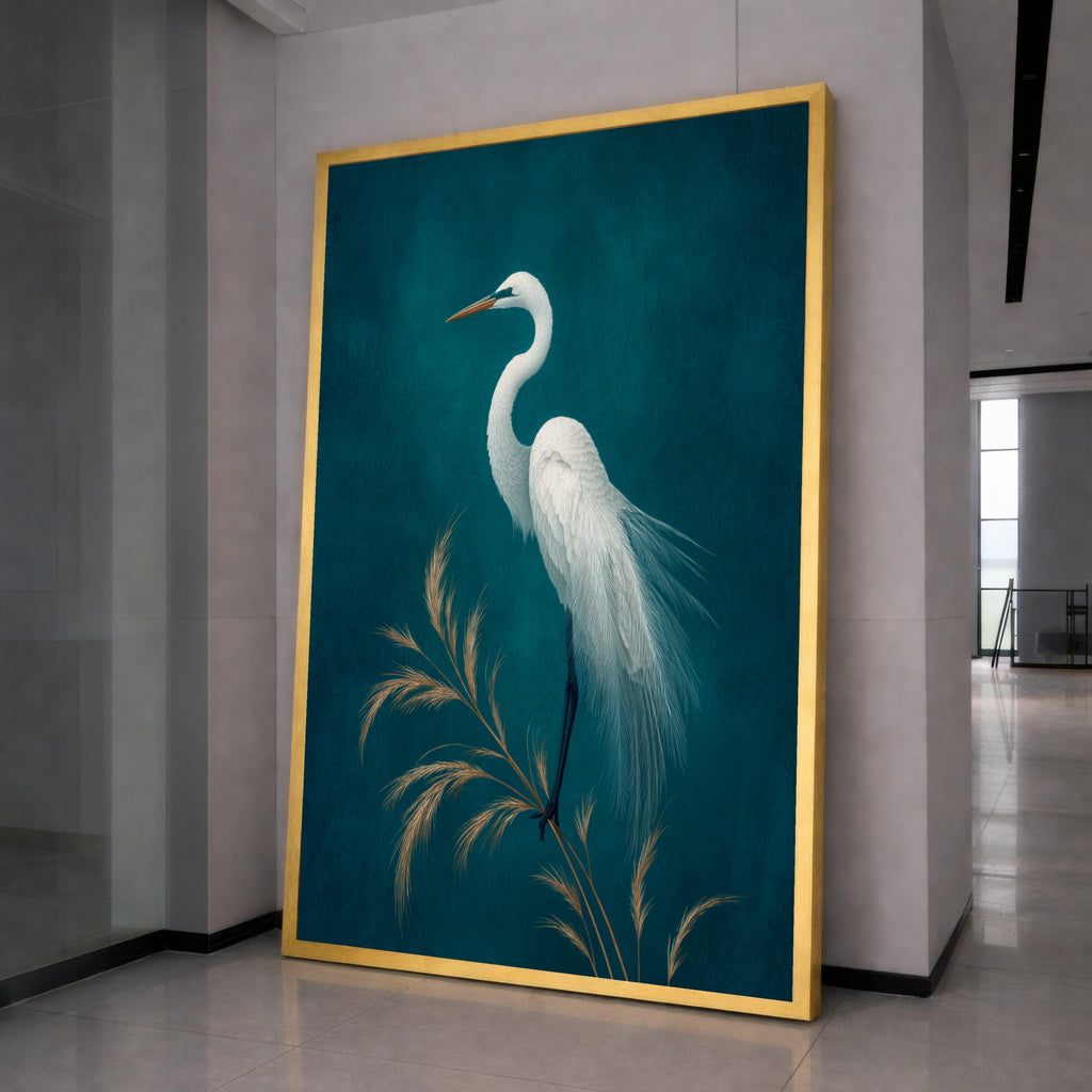 Elegant White Egret Bird Canvas, Minimalist Nature Wall Art, Feathered Wildlife Print, Blue Background Home Decoration, Tranquil Animal