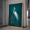 Elegant White Egret Bird Canvas, Minimalist Nature Wall Art, Feathered Wildlife Print, Blue Background Home Decoration, Tranquil Animal