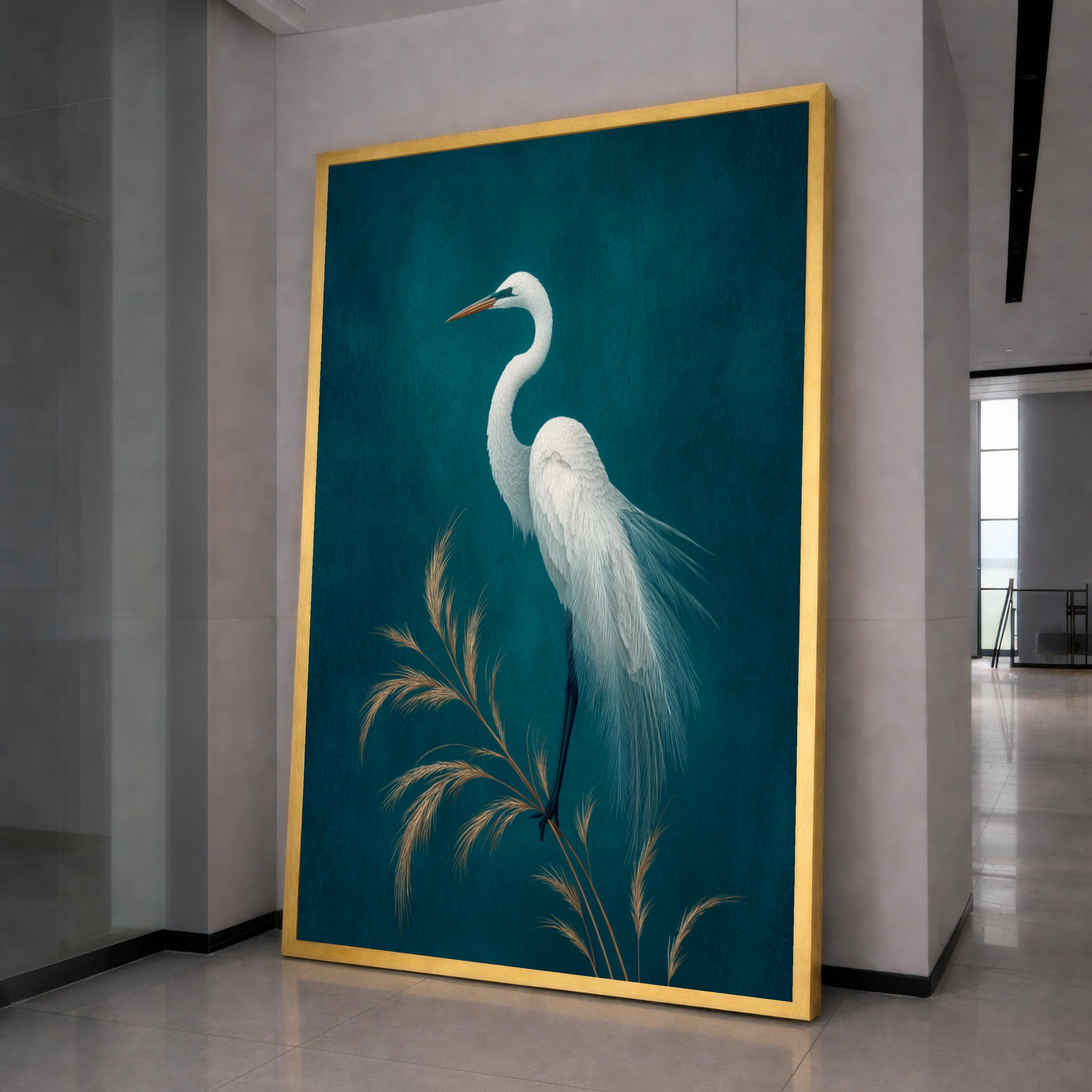 Elegant White Egret Bird Canvas, Minimalist Nature Wall Art, Feathered Wildlife Print, Blue Background Home Decoration, Tranquil Animal