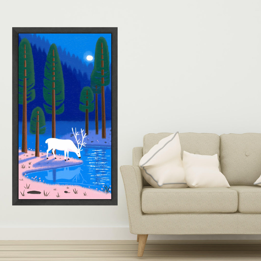 White Deer by Moonlit Forest Lake, Serene Nature Canvas Wall Art, Woodland Landscape Painting, Tranquil Animal Art Decor, Ready to Hang