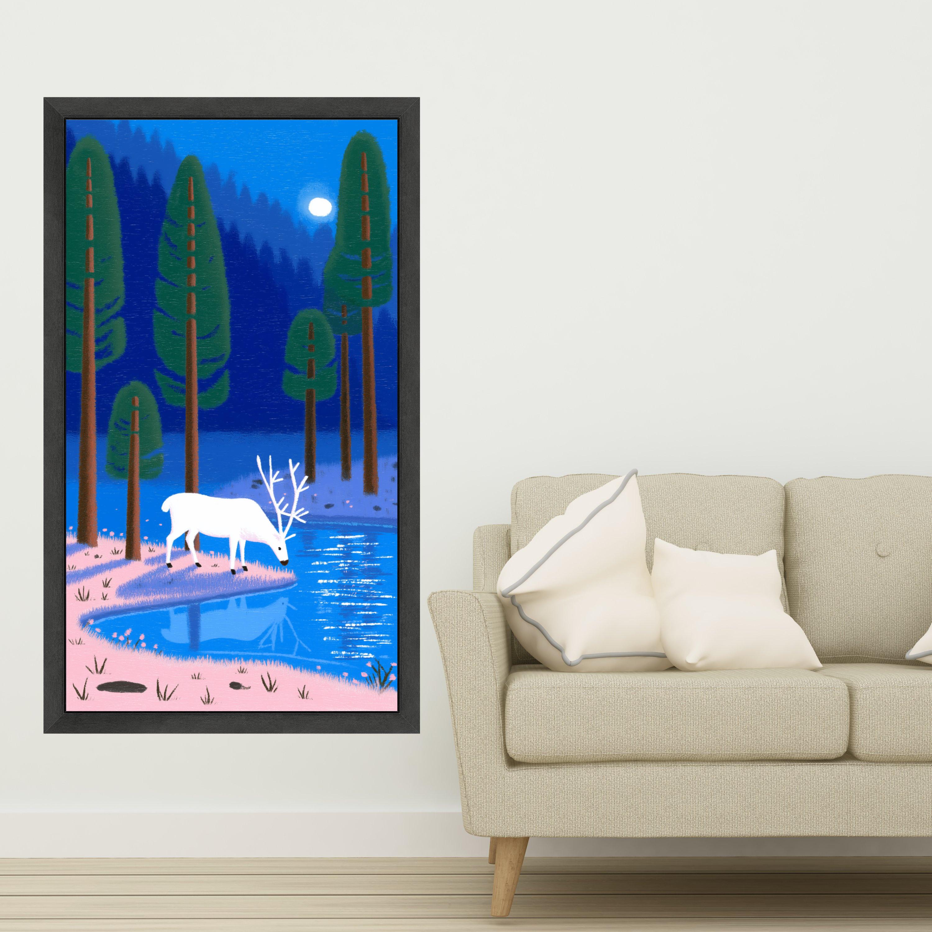 White Deer by Moonlit Forest Lake, Serene Nature Canvas Wall Art, Woodland Landscape Painting, Tranquil Animal Art Decor, Ready to Hang