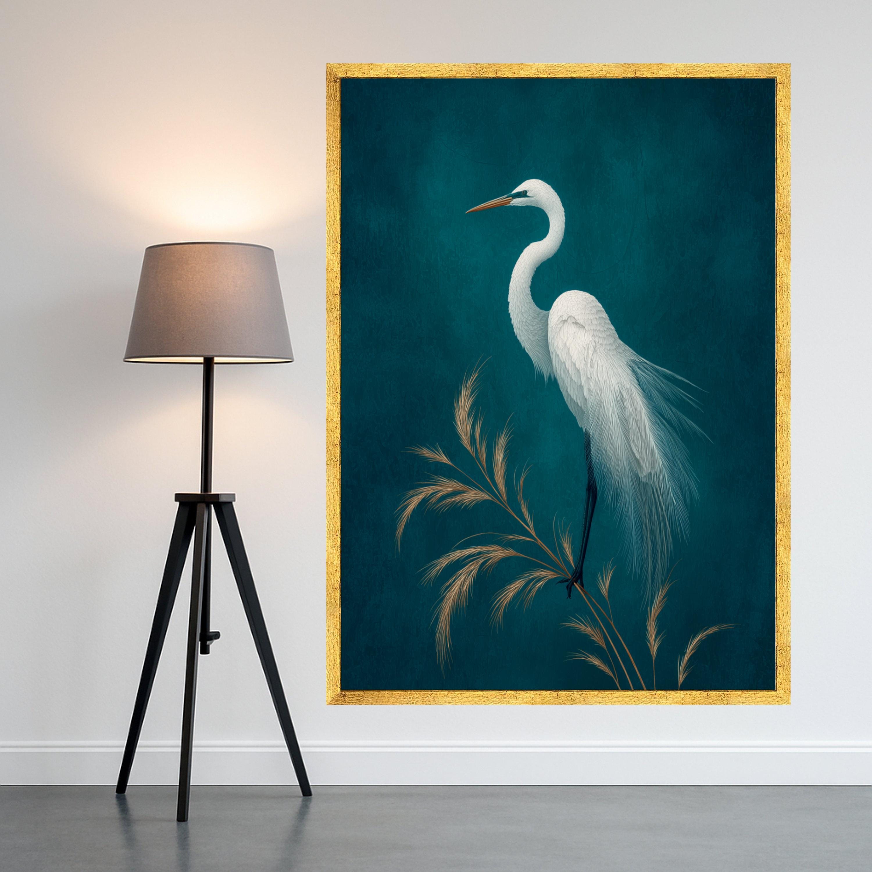 Elegant White Egret Bird Canvas, Minimalist Nature Wall Art, Feathered Wildlife Print, Blue Background Home Decoration, Tranquil Animal