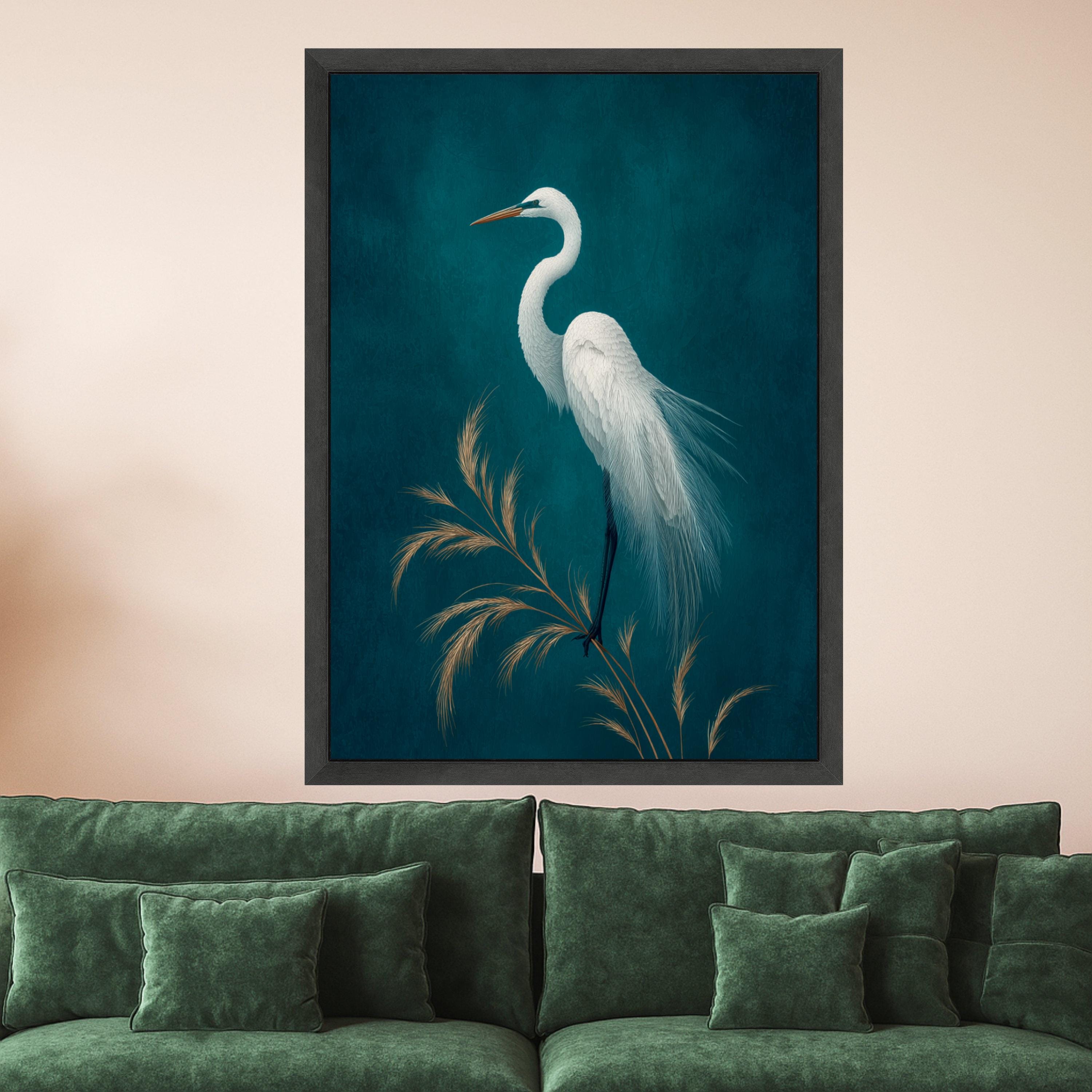 Elegant White Egret Bird Canvas, Minimalist Nature Wall Art, Feathered Wildlife Print, Blue Background Home Decoration, Tranquil Animal