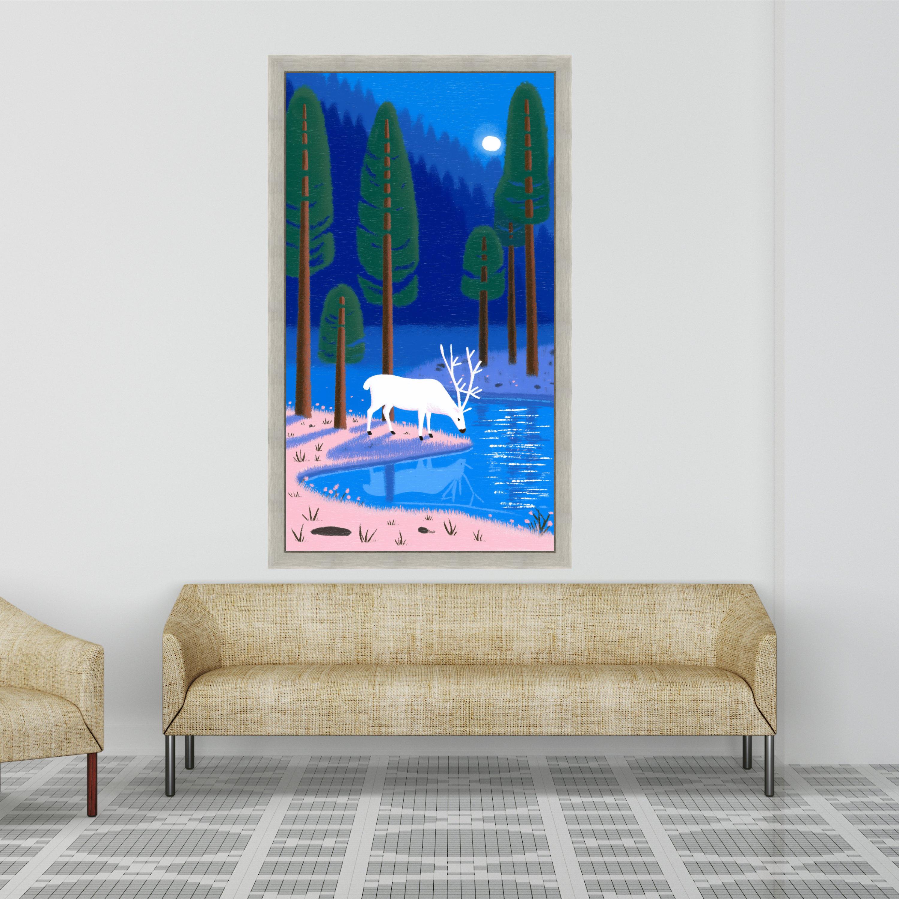 White Deer by Moonlit Forest Lake, Serene Nature Canvas Wall Art, Woodland Landscape Painting, Tranquil Animal Art Decor, Ready to Hang