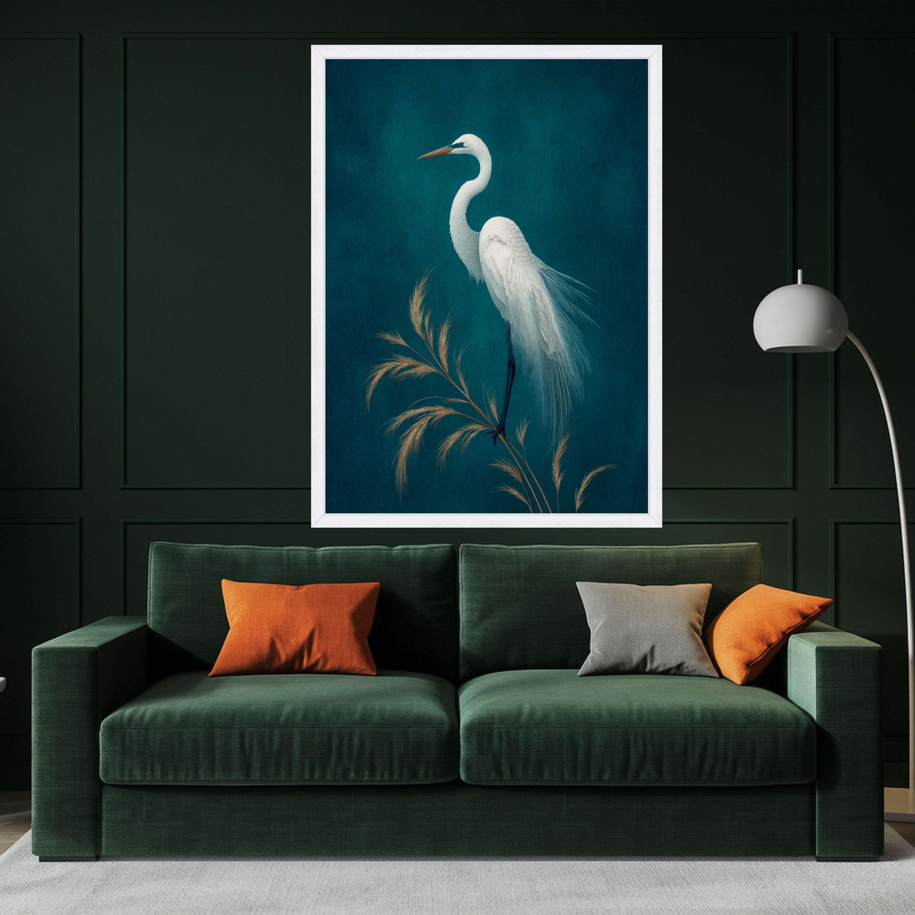 Elegant White Egret Bird Canvas, Minimalist Nature Wall Art, Feathered Wildlife Print, Blue Background Home Decoration, Tranquil Animal