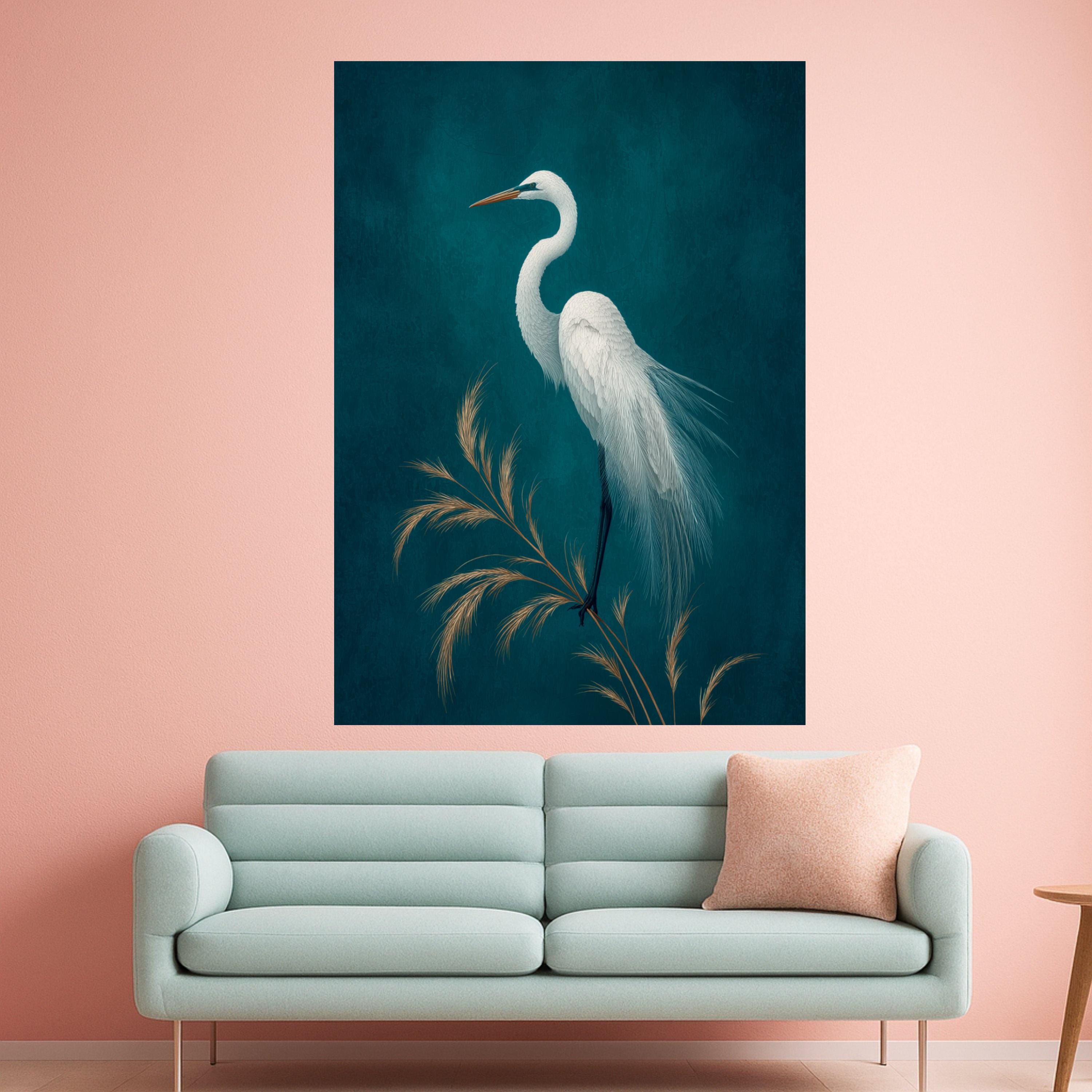 Elegant White Egret Bird Canvas, Minimalist Nature Wall Art, Feathered Wildlife Print, Blue Background Home Decoration, Tranquil Animal