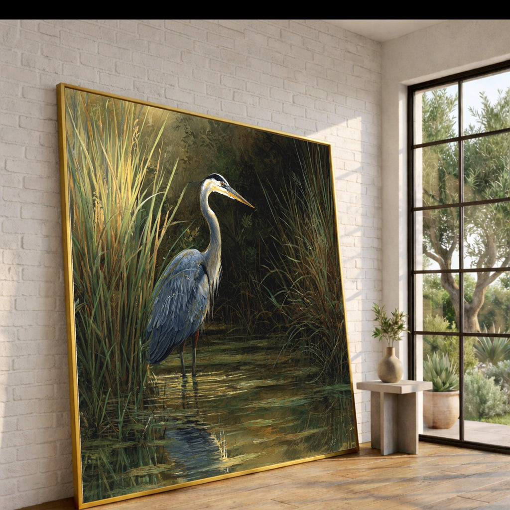 Majestic Heron in Marsh, Wildlife Canvas Wall Art, Nature Scene Decor, Bird Water Reflection Painting, Rustic Home Decoration