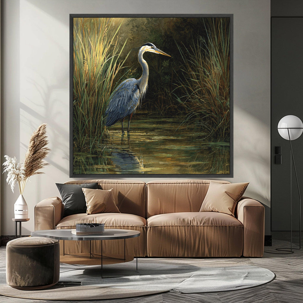Majestic Heron in Marsh, Wildlife Canvas Wall Art, Nature Scene Decor, Bird Water Reflection Painting, Rustic Home Decoration